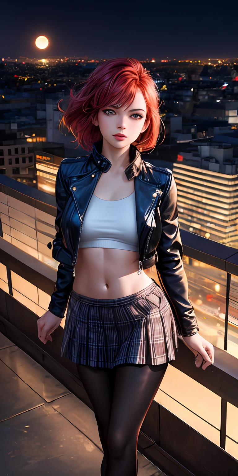 masterpiece, best quality, ultra-detailed, (photorealistic:1.4), illustration,(1girl) scarlet hair, beautiful detailed eyes, rooftop, (night:1.2), moon, (from above:1.1), leaning against railing, cityscape, cinematic lights, bokeh, leather jacket, midriff, crop top, plaid skirt, pantyhose, heeled boots