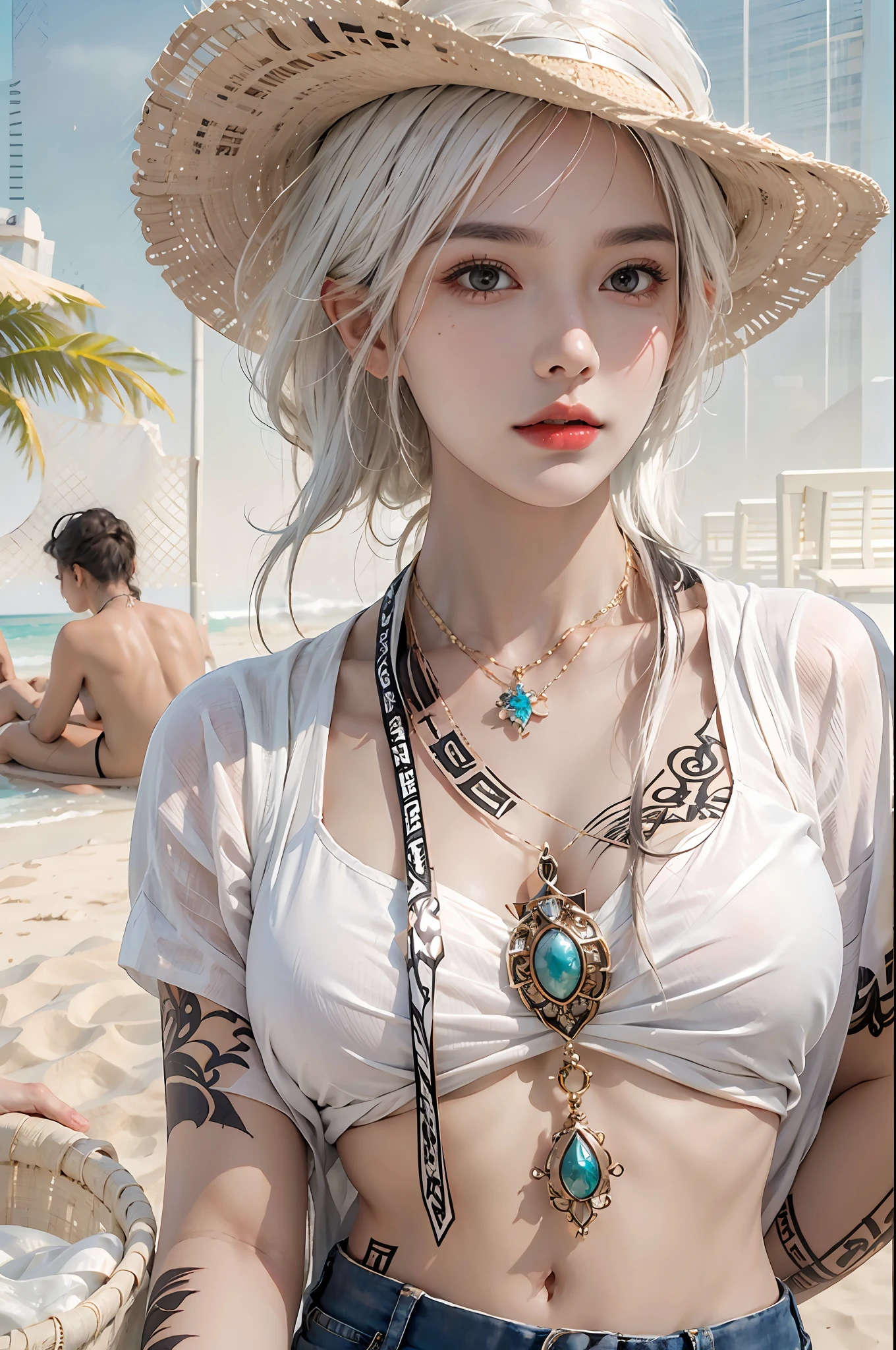 photorealistic, high resolution, 1women, solo, hips up, look at viewer, (detailed face), white hair, summer wear, tattoo, beach, jewelry