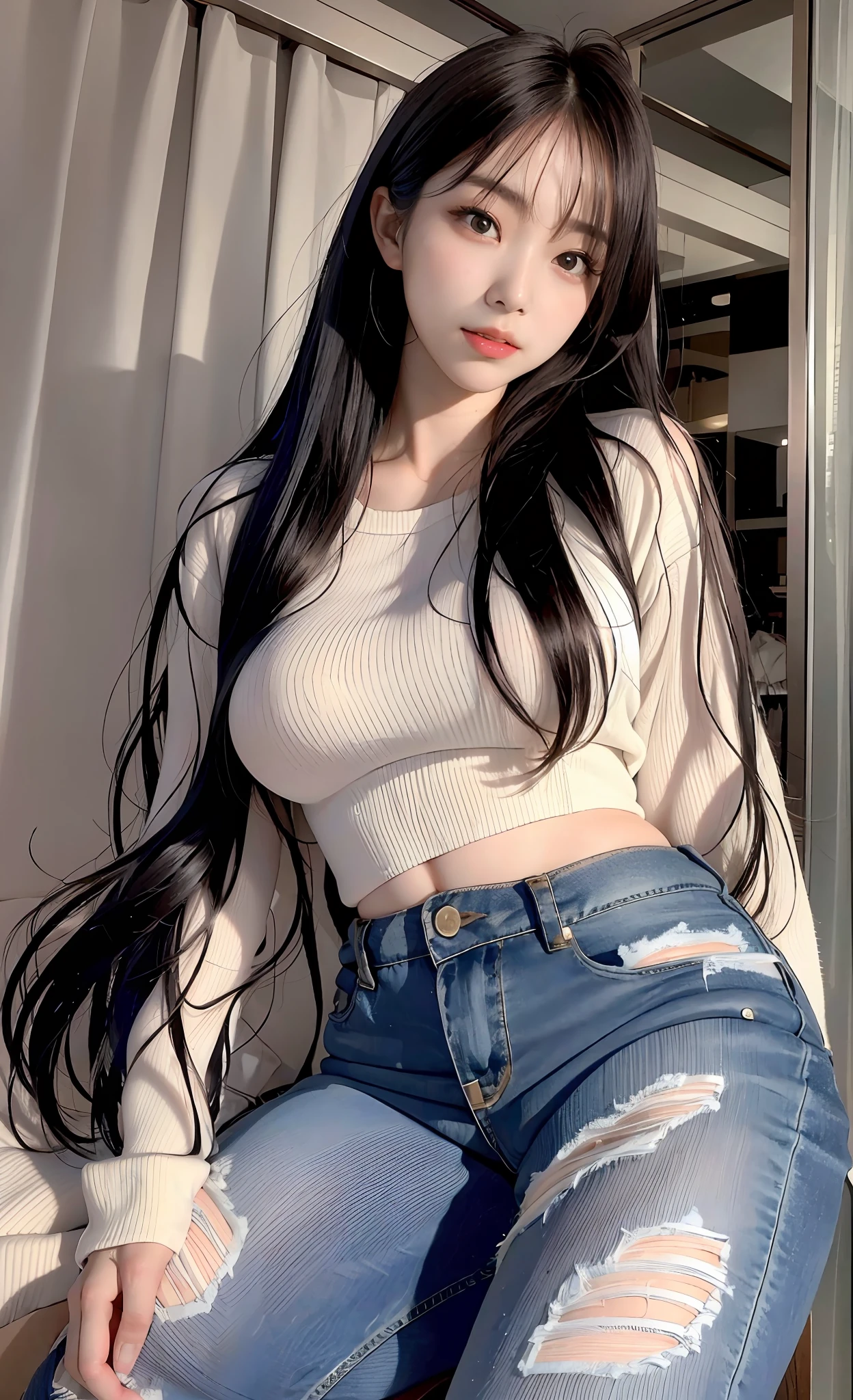 Alafi woman by the sea,sexy for,Light-colored jeans,shorter pants,Skinny T-shirt,2 ,thicc,She was about 26 years old,Height 170 cm,korean people,Delicate face,realisticlying,Japan goddess,very Bigger breasts,Beautiful young Korean woman,Asian girl with long hair,Young and cute Korean face, Portrait of a Korean female idol, Korean woman, messy hair style, ulzzangs, Urzang-6500-V1 Edition, Edition, Edition, Edition, Edition, Edition, Edition, Edition, Edition, Edition, Edition.1, PureErosFace_V1, Popular makeup in Korea, Popular makeup in Korea, long whitr hair, (8K, RAW photos, best qualtiy, tmasterpiece: 1.45), (NSFW: 1.25), 韓国アイドル, 乃木坂アイドル, Actress,