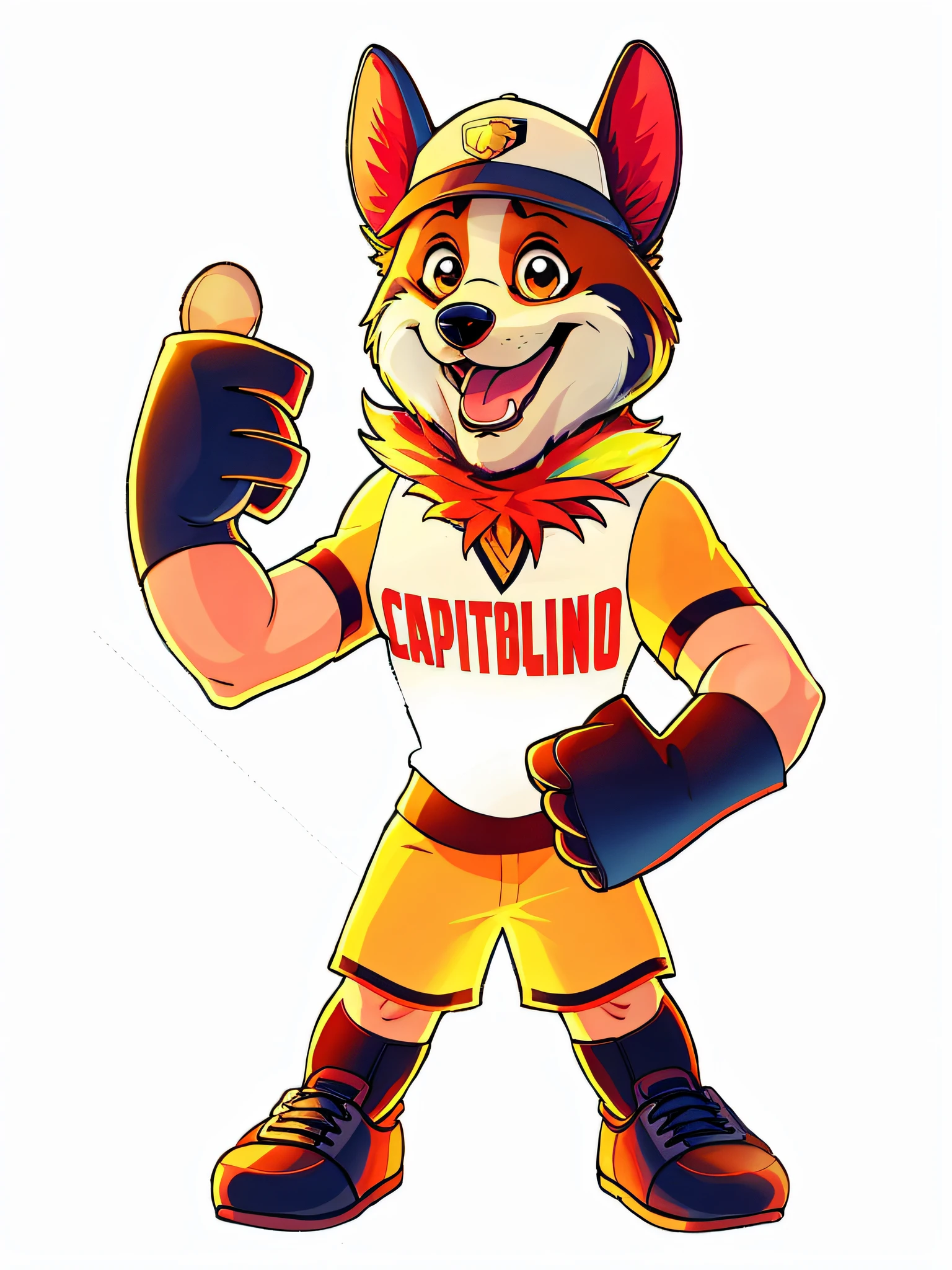 Cartoon of a dog in a baseball uniform holding a baseball glove, mascote da equipe esportiva, Mascot illustration, official character illustration, arte oficial do personagem, mascote de corpo inteiro, design de adesivo do telegrama, um mascote dingo, official fan art, fanart oficial, Telegrama Sticker, Arte Oficial, mascote esportivo, captain, an anthropomorphic fox, fursona commission