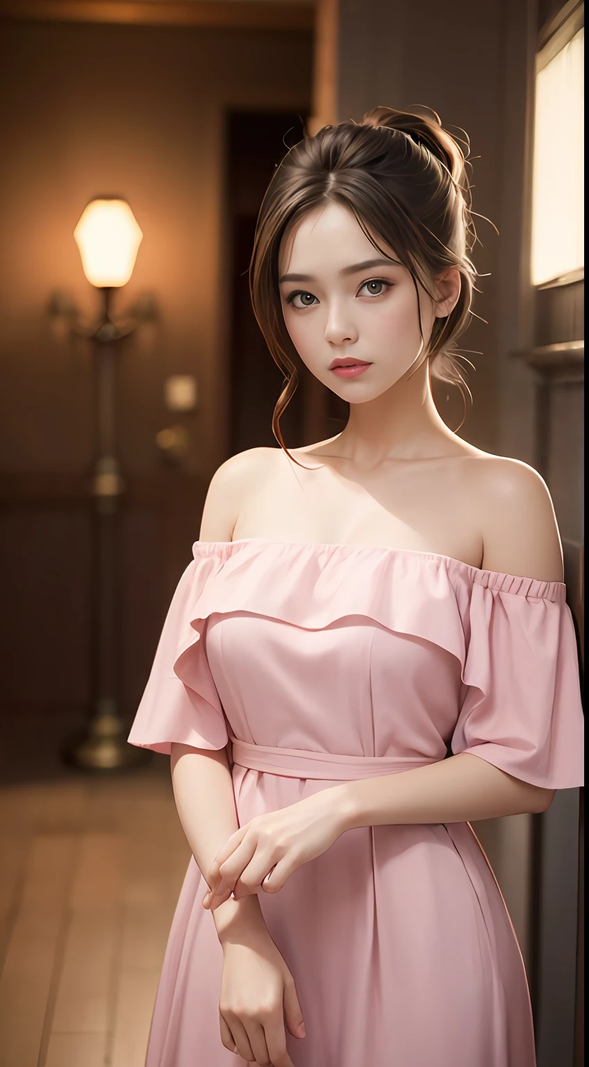Best Quality, Masterpiece, Ultra High Resolution, (Realisticity: 1.4), Original Photo, 1girl, Pink Off-the-Shoulder, Cinematic Lighting