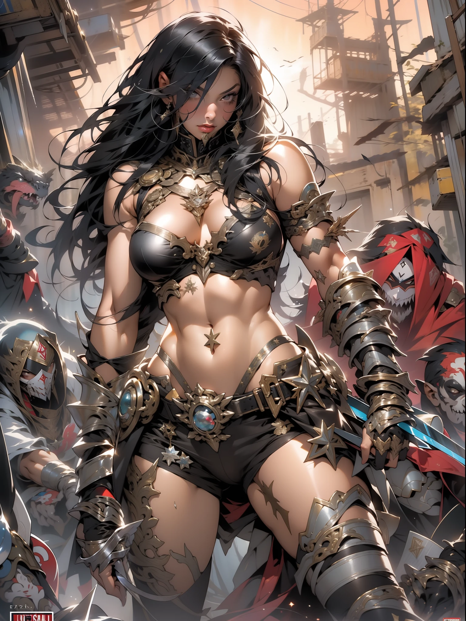 (((mulher))), (((melhor qualidade))), (((obra prima))), (((adulta))), Uma guerreira mulher de 35 anos com corpo perfeito, She-Lobo, (( under boobs )), quase nua no estilo selvagem urbano de Simon Bisley para a capa da revista Heavy Metal, cabelo loiro, Minimum clothing, armadura (vermelho escuro com estrelas brancas), cheio de pontas e rebites manchadas de tinta, tatuagem de estrelas de 5 pontas, (((corpo inteiro))), cabelo preto curto com franja branca cobrindo a testa