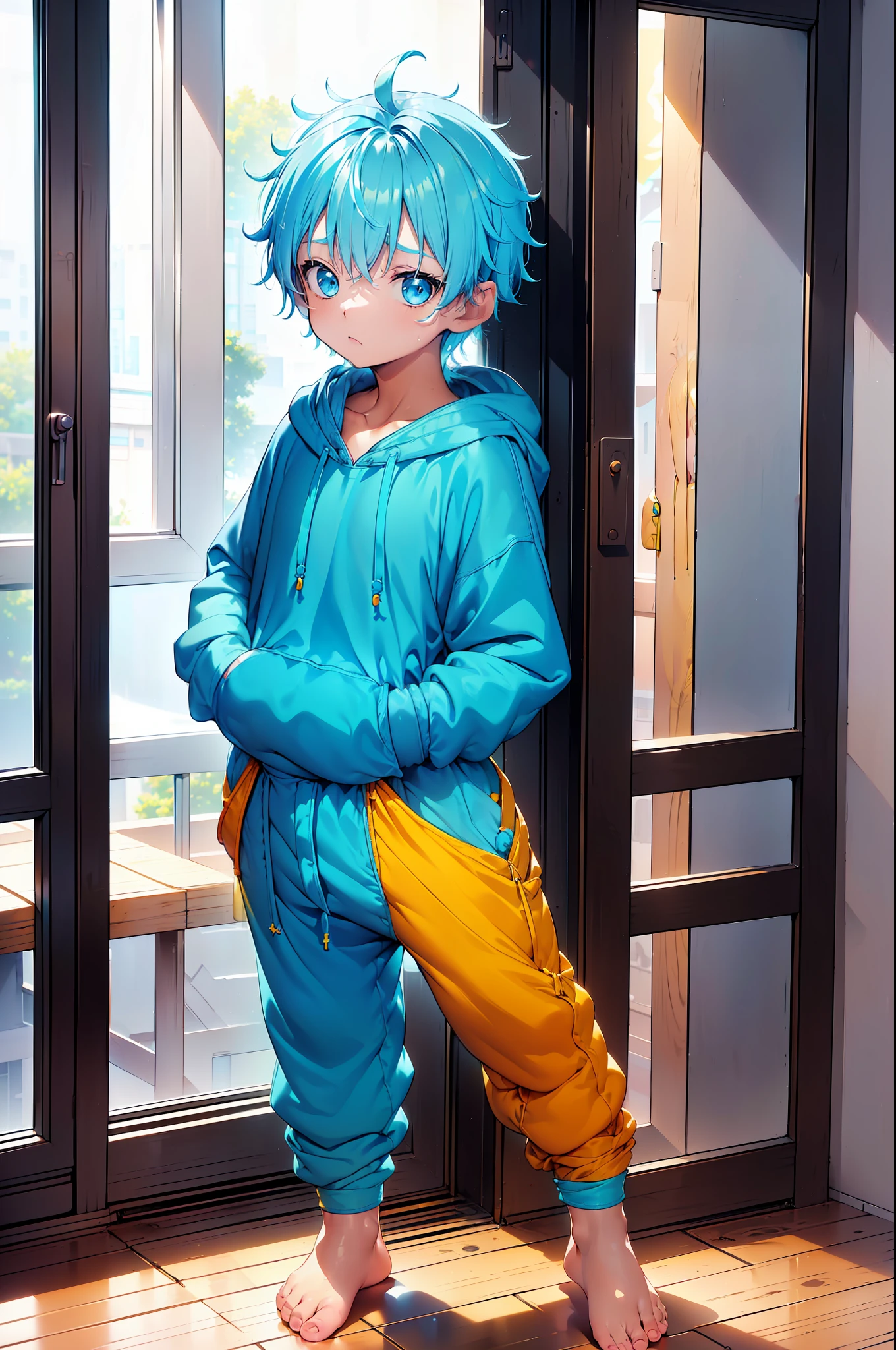 1 Little boy with cyan colored hair and shiny, glowing blur eyes and barefoot and small feet, who wear a yellow oversized hoodie and sweatpants, die auf einem Fenstersims sitzen, flush, Jung, Junge, Kind, klein, Kleinkind, tiny feet, (Jogginghose:1.4), (Jung:1.4), (Kind:1.4), (Shota:1.4), (Kapuzenpullover:1.4),