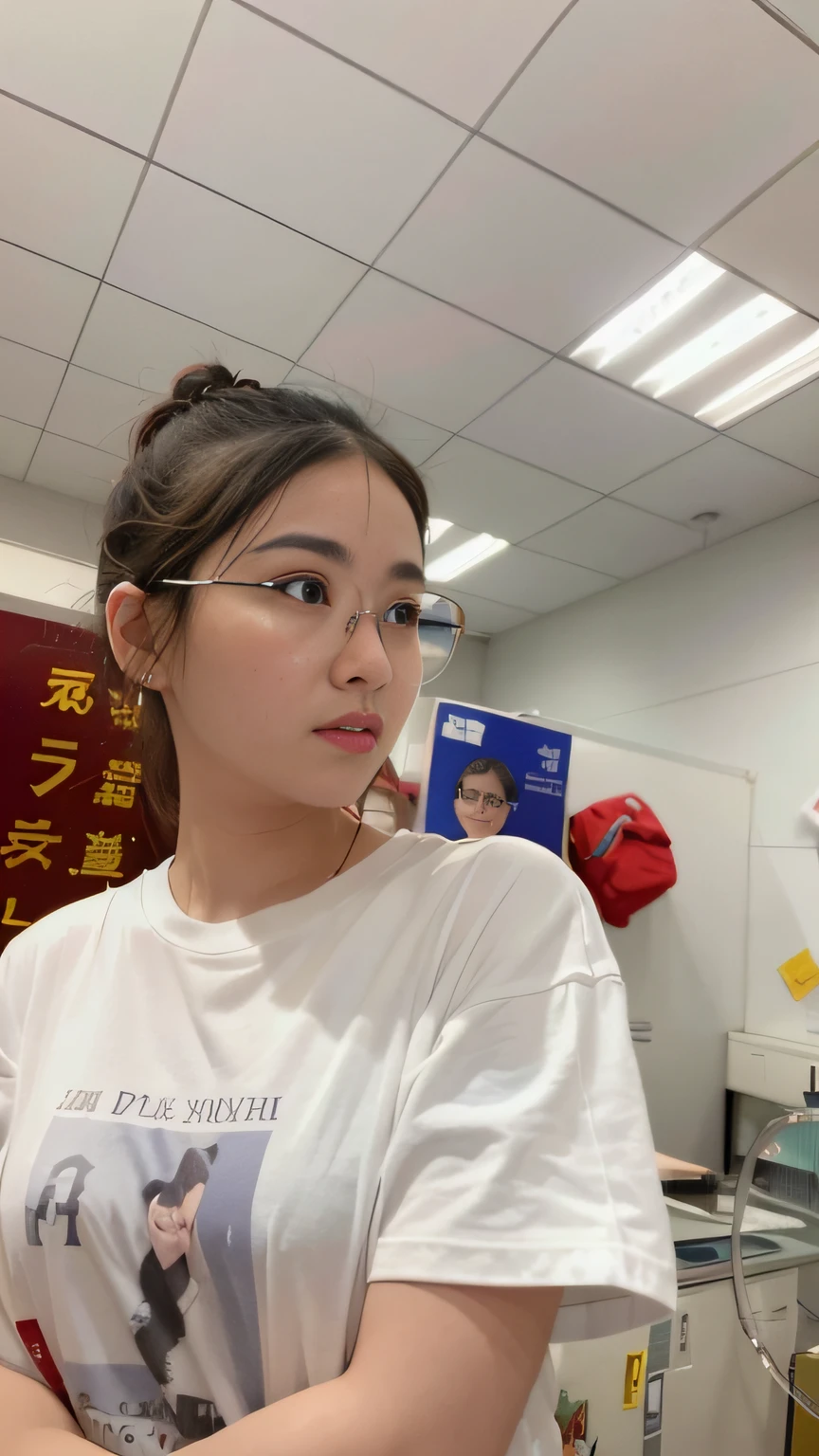 there is a woman with glasses and a white shirt posing for a picture, wearing thin large round glasses, ( ( eye glass ) ), wearing small round glasses, ulzzangs, With glasses, a girl with round glasses, large round glasses, thin round glasses, Round glasses, Li Zixin, clear cute face, 19-year-old girl
