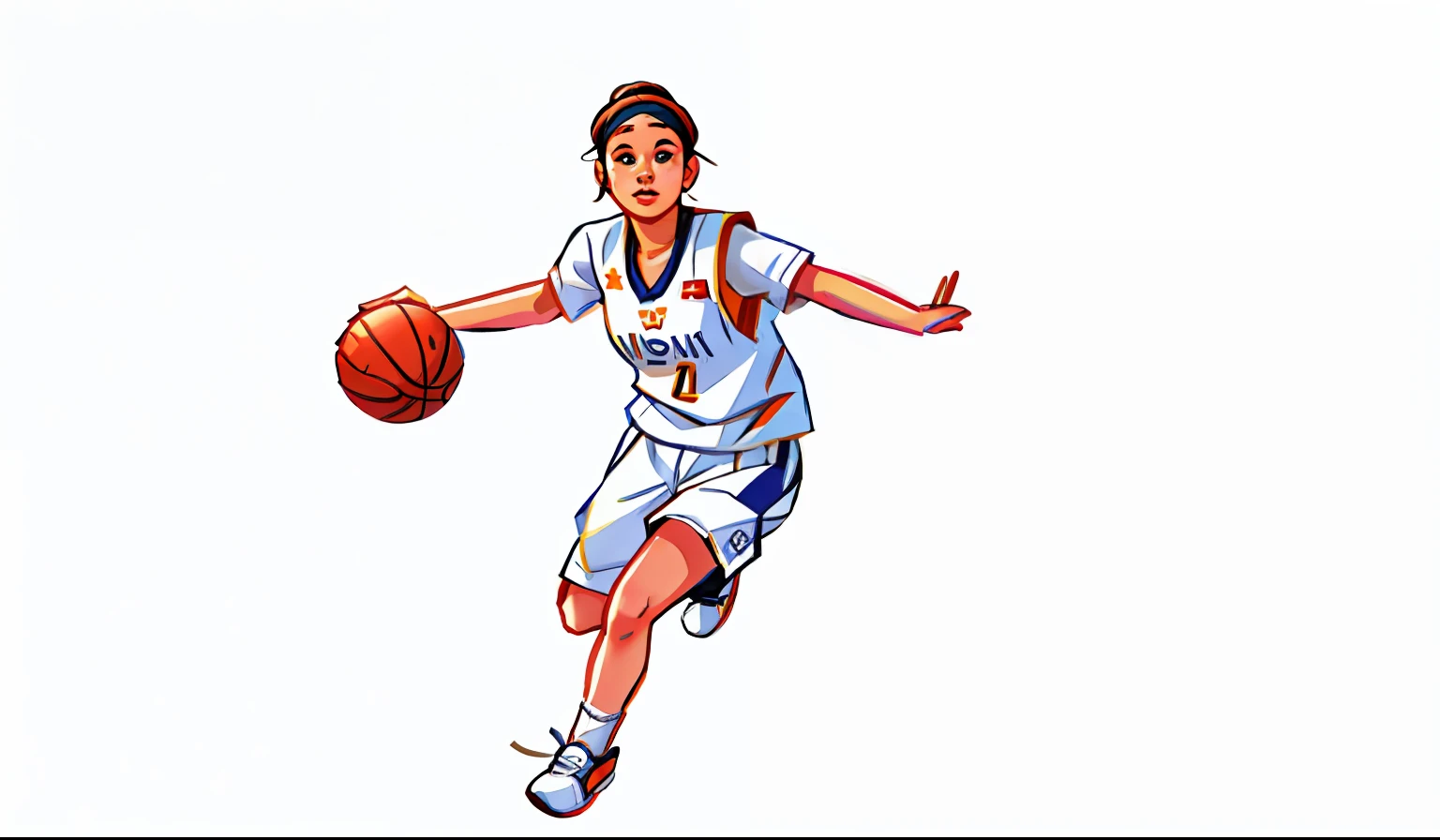 A girl playing basketball,white clothes,Flat illustration