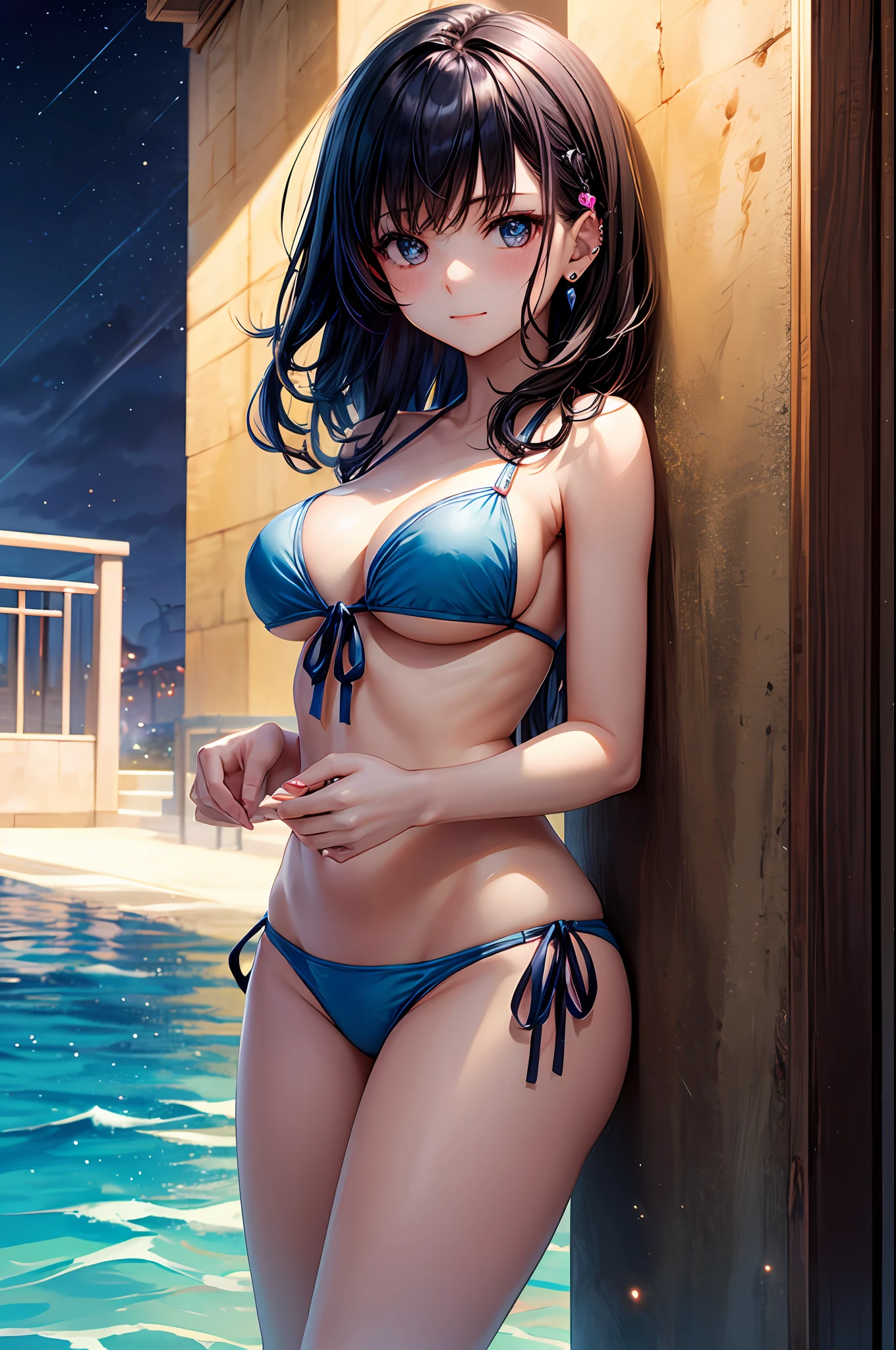 realisitic、top-quality、 1 人、bright hair、Natural eye color、piercings、Shy face、Fancy Bikini、front-tie bikini top、beautiful boob 、Dark night sea、Particles of light、profetional lighting、llight rays、wall-paper、
