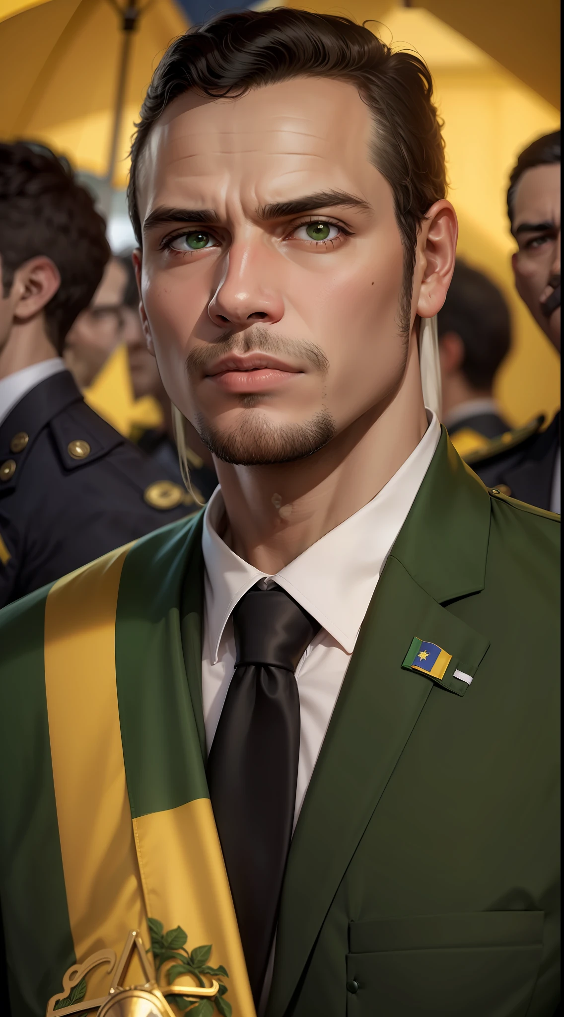 Jovem de 27 anos Presidente do Brasil forte nacionalista convicto com faixa de presidente verde e amarelo e terno preto ultra realista parecendo uma foto