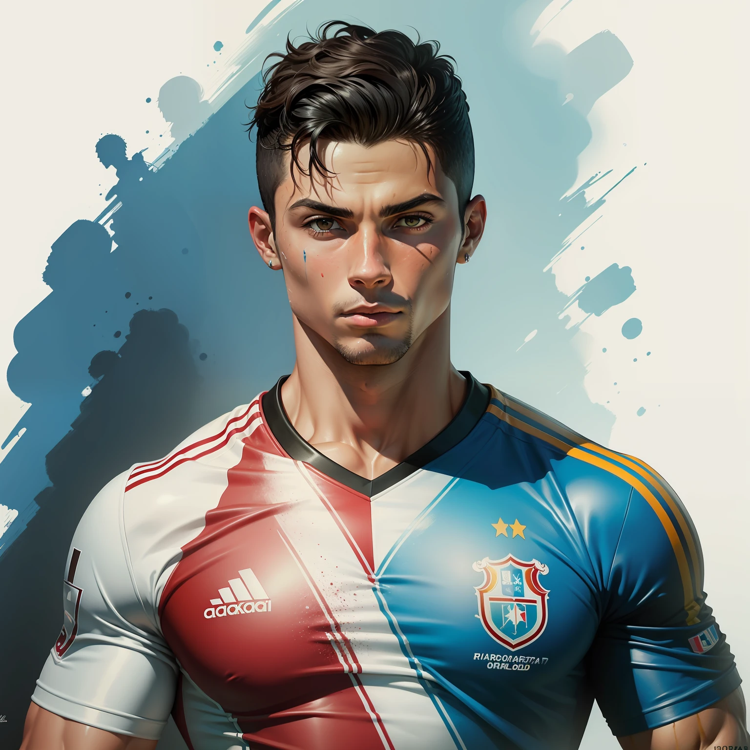 Crie uma arte do jogador Cristiano Ronaldo em forma de pintura feita em arte aquarela