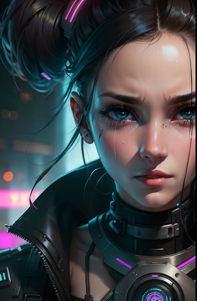 A girl cyberpunk sexy mechanical facial detail crying full body