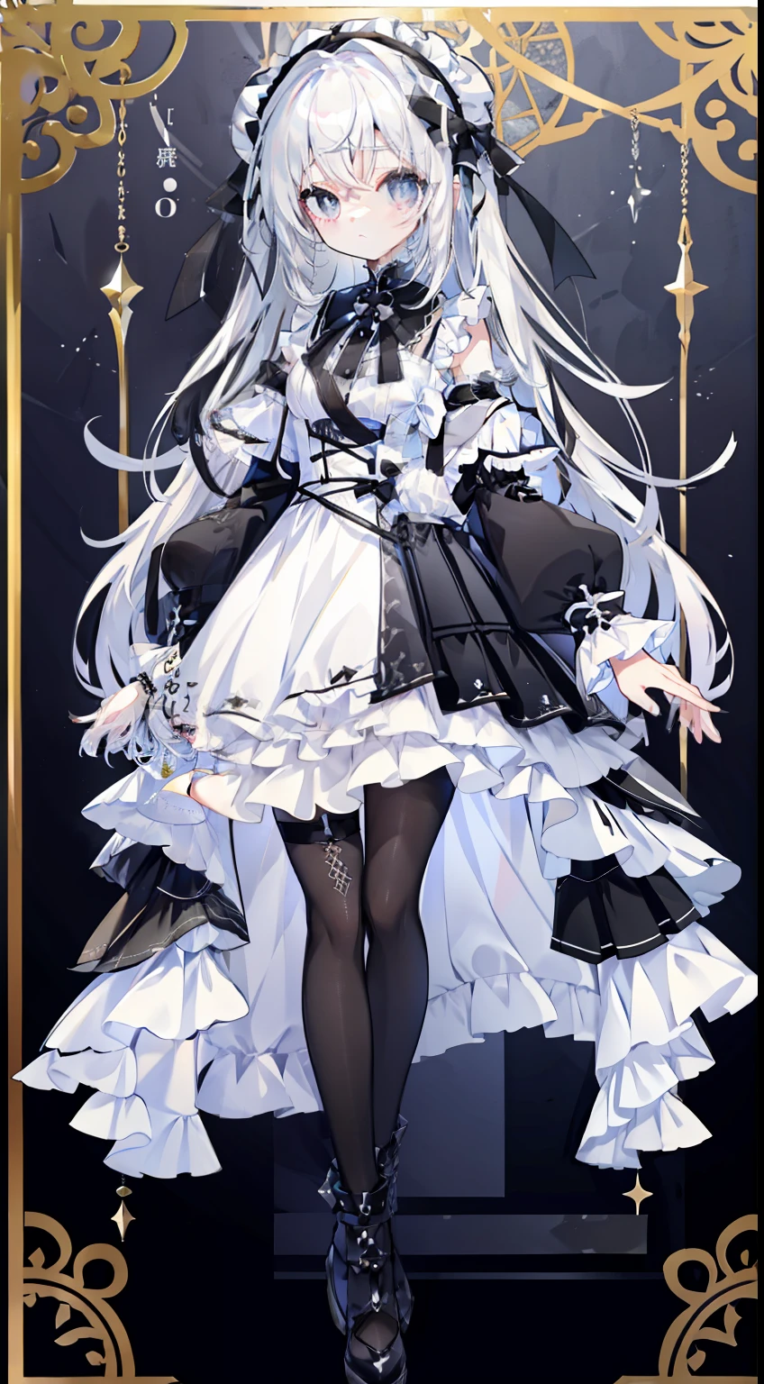 Standing Picture、full bodyesbian、white  hair、Black mesh、Tile pattern dress、white and black、Pochette、​masterpiece、top-quality、Top image quality、Straight face、black eyes、black ribbon on the back、monochromes、