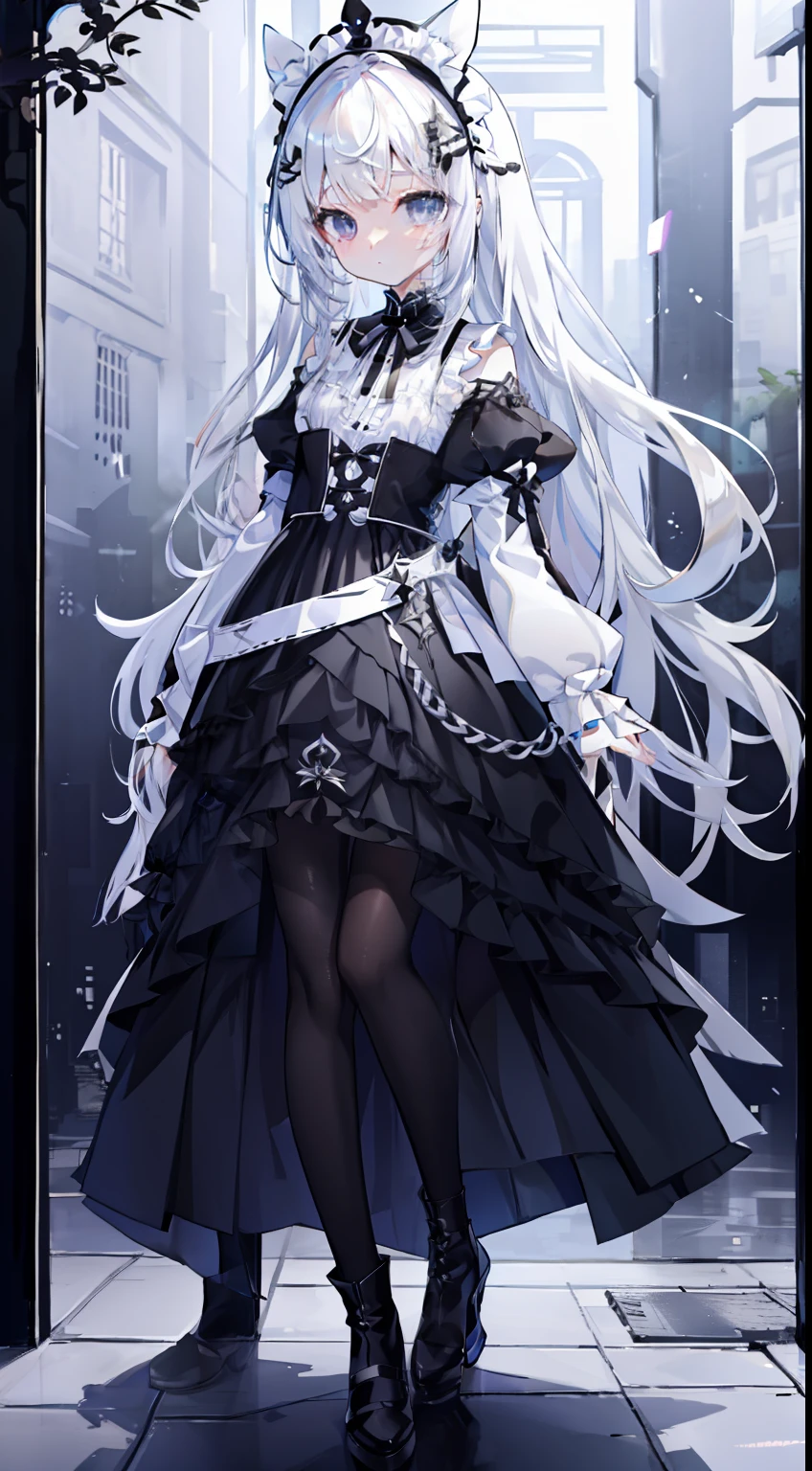 Standing Picture、full bodyesbian、white  hair、Black mesh、Tile pattern dress、white and black、Pochette、​masterpiece、top-quality、Top image quality、Straight face、black eyes、black ribbon on the back、monochromes、