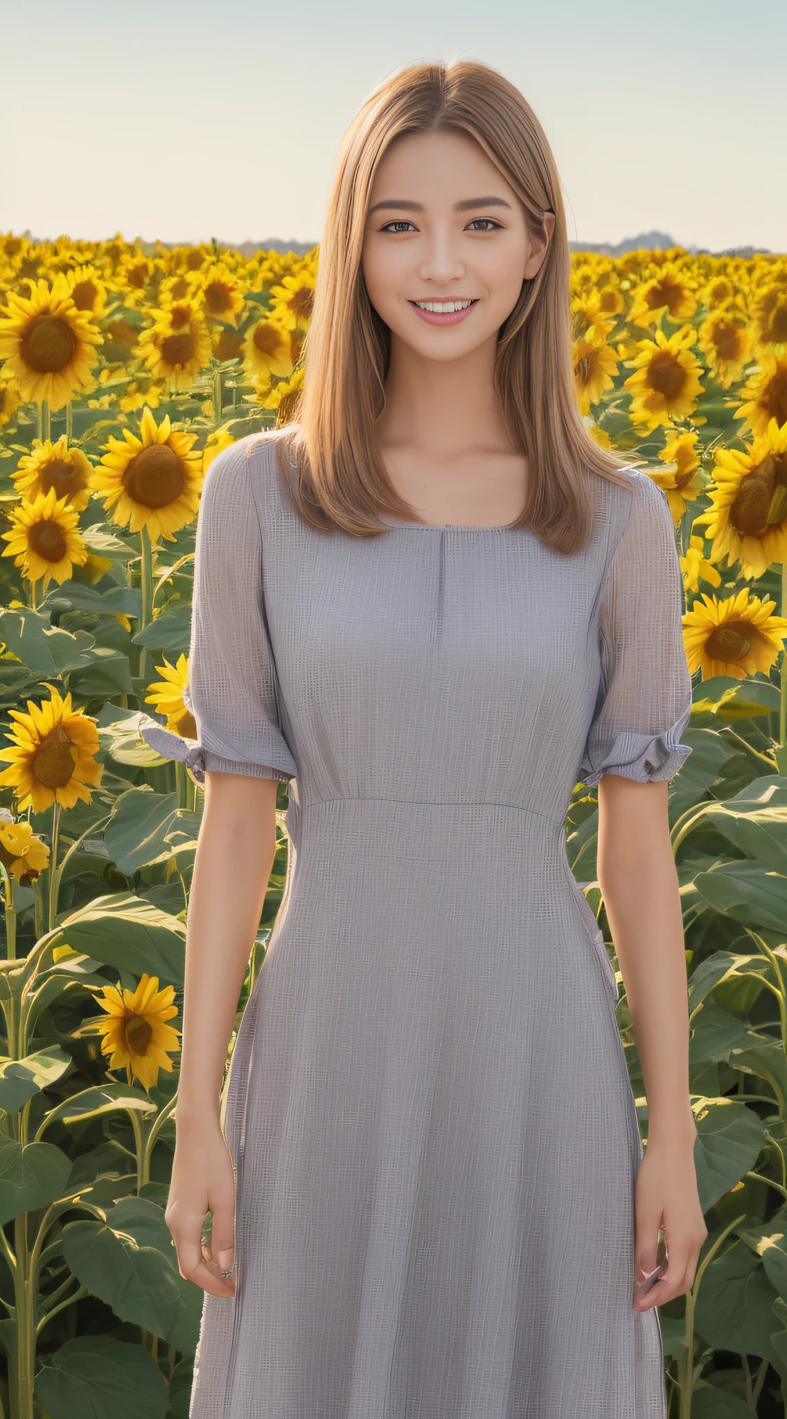 ((top-quality、8K、masterpiece:1.3))、sharp:1.2、Perfect Body Beauty:1.4、Slim abs:1.2、Big、Beautiful face、A smile、((Casual dress:1.3))、(Sunflower field background:1.2)、Straight hair、Highly detailed facial and skin texture、A detailed eye、Aspect of looking at the camera、portlate