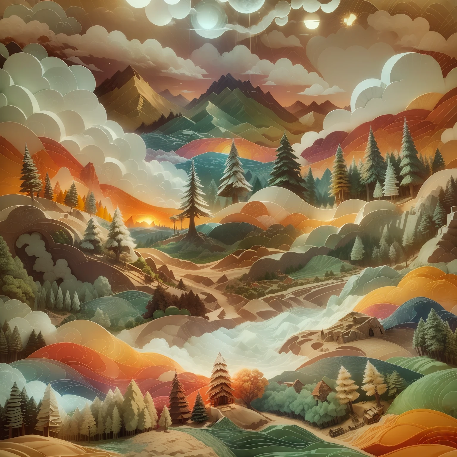 (Sandbox:1.4),cinematic angle,(Sun, white clouds, mountains, forests, rivers),(paper art,Quilted paper art,geomerty),(extremely colorful, Best quality, high detailed, Masterpiece, Cinematic Lighting, 4K, Chiaroscuro)