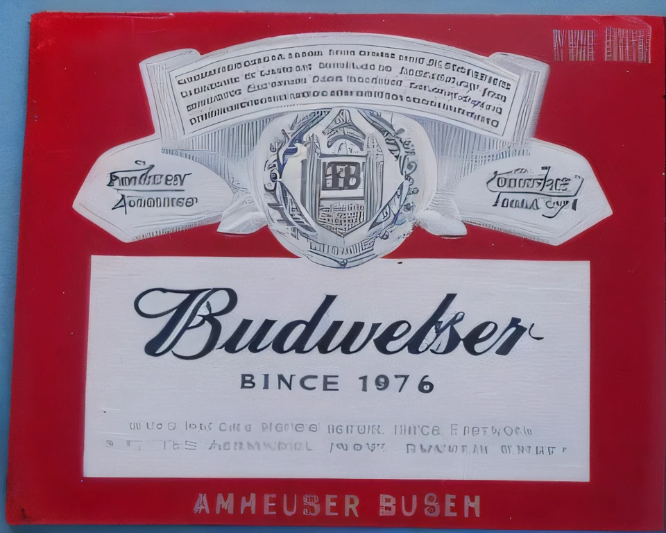 Close up of Budweiser label on blue background, Buds, front label, very detailed labeling, Labels, 1957, beer commercial, 1958, 1 9 5 8, from 1977, beer logo, 1997 ), Piva, 1996), author：Edward Rusha, 1 9 5 6