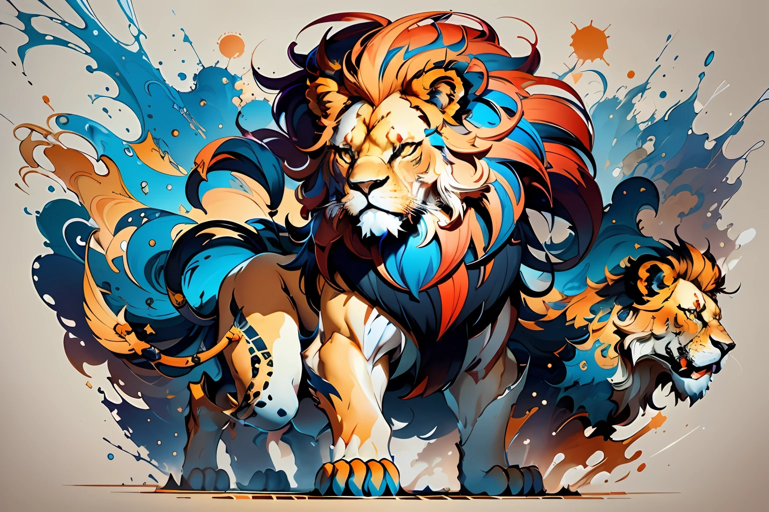 distorted art of a vibrantly colored cartoon lion face in the form of a futuristic shield with brush TECHNIQUE and splash effects