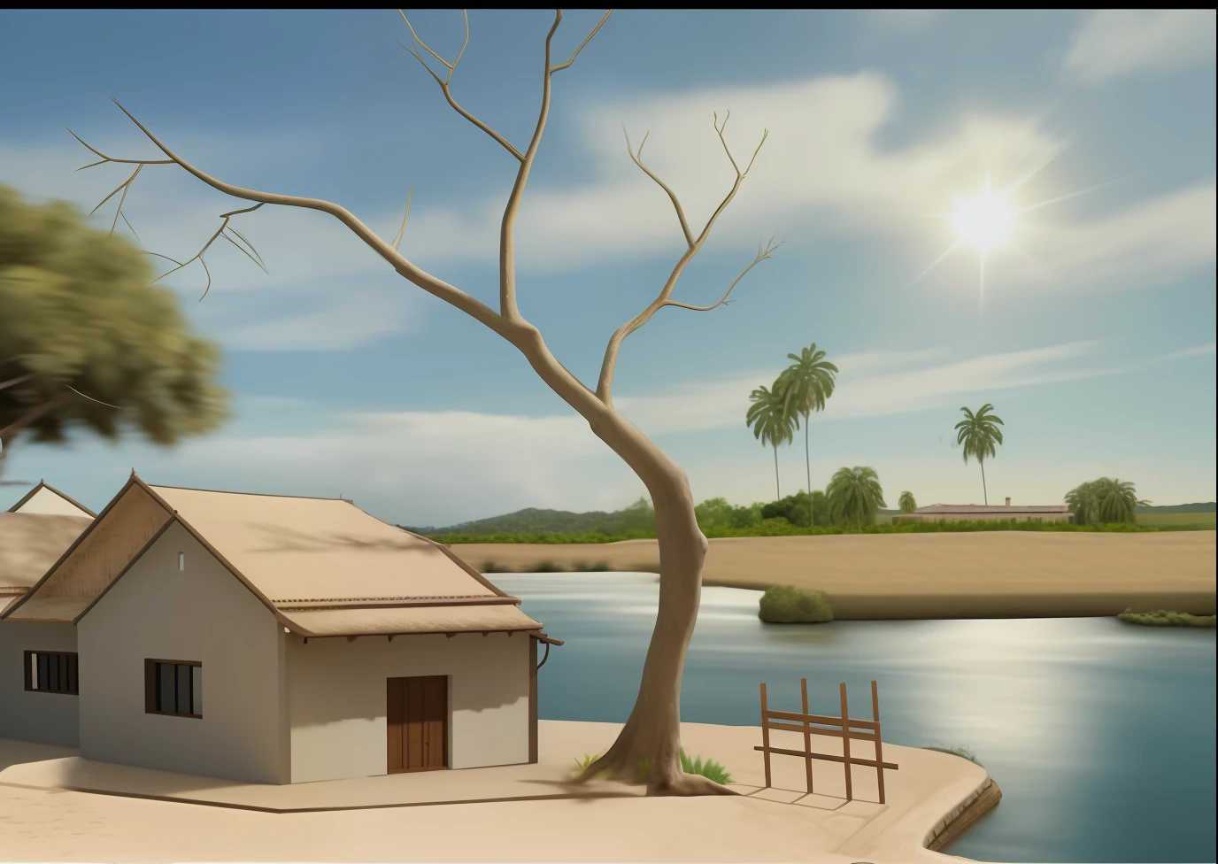 Real fotoshot, realistic, masterpiece, fhotorealistic, detailed picture, simple house, real daun, dry trees, behind the house you can see a river flowing, and across the river you can see coconut trees and a sky with the sun, 8k hd