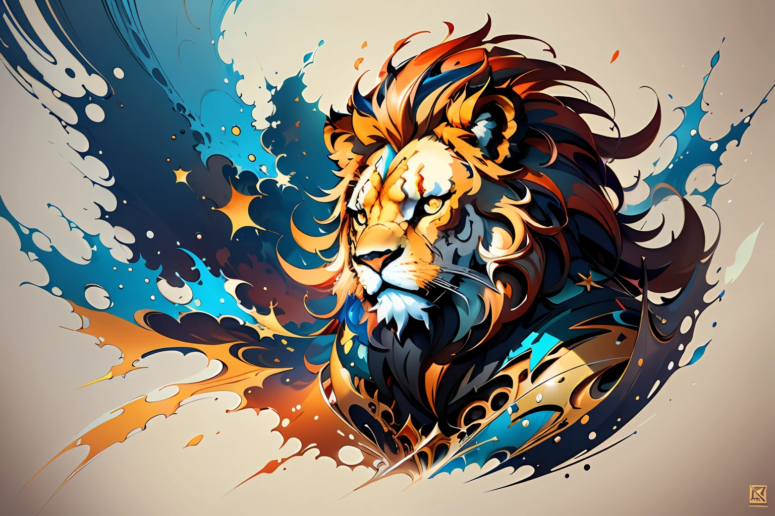 distorted art of a vibrantly colored cartoon lion face in the form of a futuristic shield with brush TECHNIQUE and splash effects