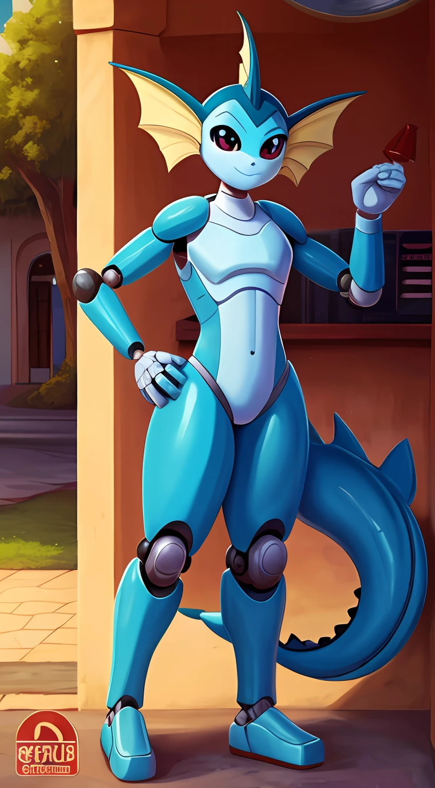 vaporeon ,obra maestra,mejor calidad,estilo de arte de the minuscule task,robot maquina,metalico,piel brillante,metalic, mechanic,Pokémon,Pose linda,alegre, They are smiling,black sclera, ojos azules, piel brillante,salvaje, Masculino,parque,Cara de robot,NSFW,Ropa deportiva, sexy, Thicc,,grande,regordete,,year