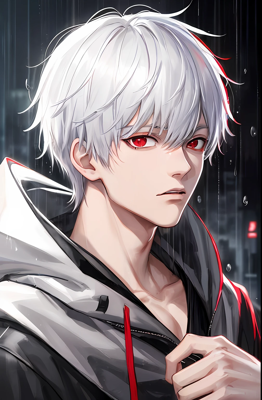 kk, best quality, more details, masterpiece, 1boy, kaneki ken, portrait, male focus, red eyes, solo, bangs, looking at viewer, hood, short hair, rain, tokyo tokyo \(city\), hood up, nail polish, white hair, luxurious, 8k, detailed, ray tracing, depth of field, cinematic lighting,