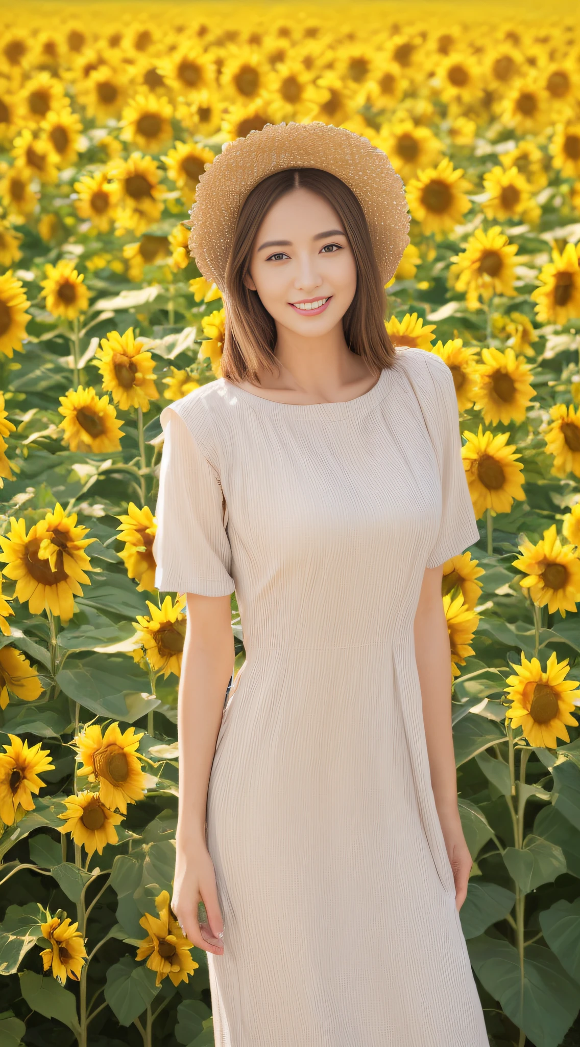 ((top-quality、8K、masterpiece:1.3))、sharp:1.2、Perfect Body Beauty:1.4、Slim abs:1.2、Big、Beautiful face、A smile、((Casual dress:1.3))、(Sunflower field background:1.2)、Straight hair、Highly detailed facial and skin texture、A detailed eye、Aspect of looking at the camera、portlate