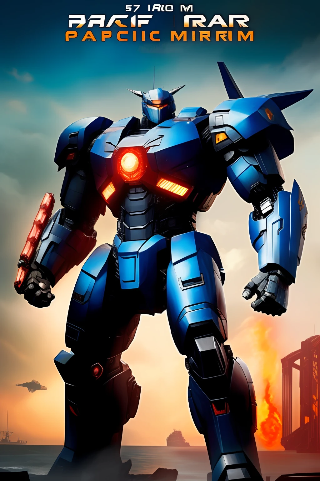 usar referencias de pacific rim pra criar o mecha, sem cores brancas, de cores mais cinzas
