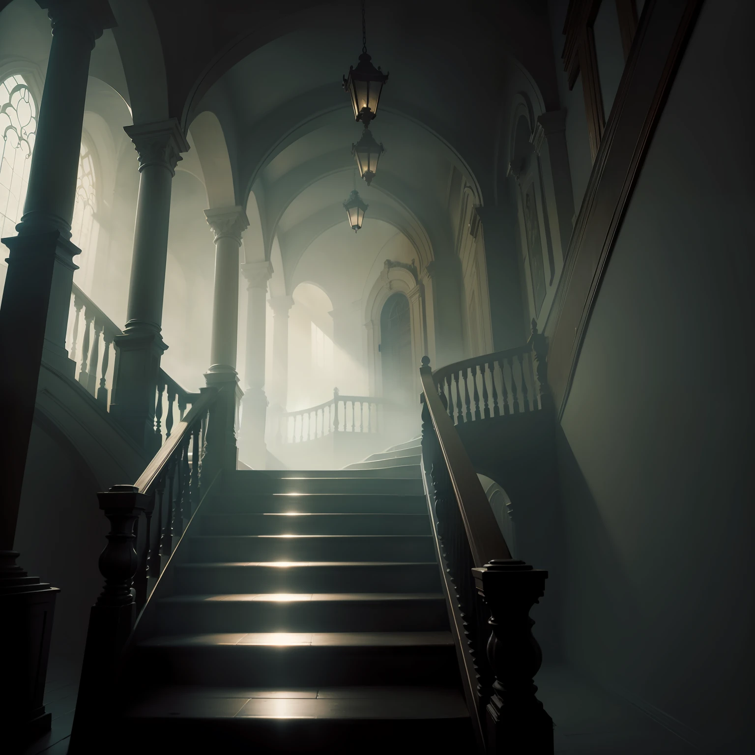 Under the fog,Stairs in a dimly lit scene