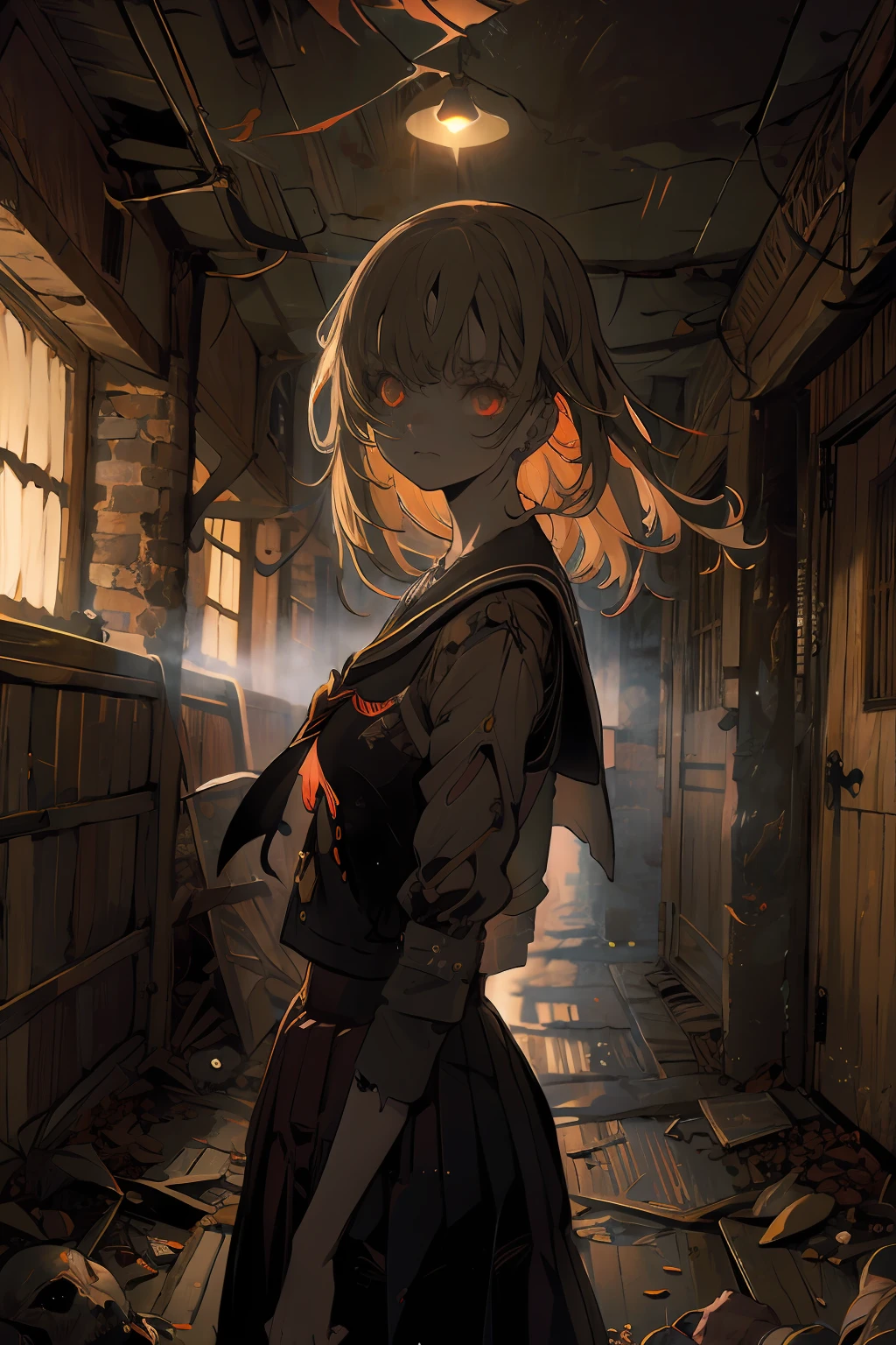 schoolgirls，Broken footage，school hallway，Scary atmosphere，depth of fields，Mood lighting，a color，nakeness，Spooky，earthy，deep dark background，the complex background，rich details​，A high resolution，tmasterpiece，Storytelling images，