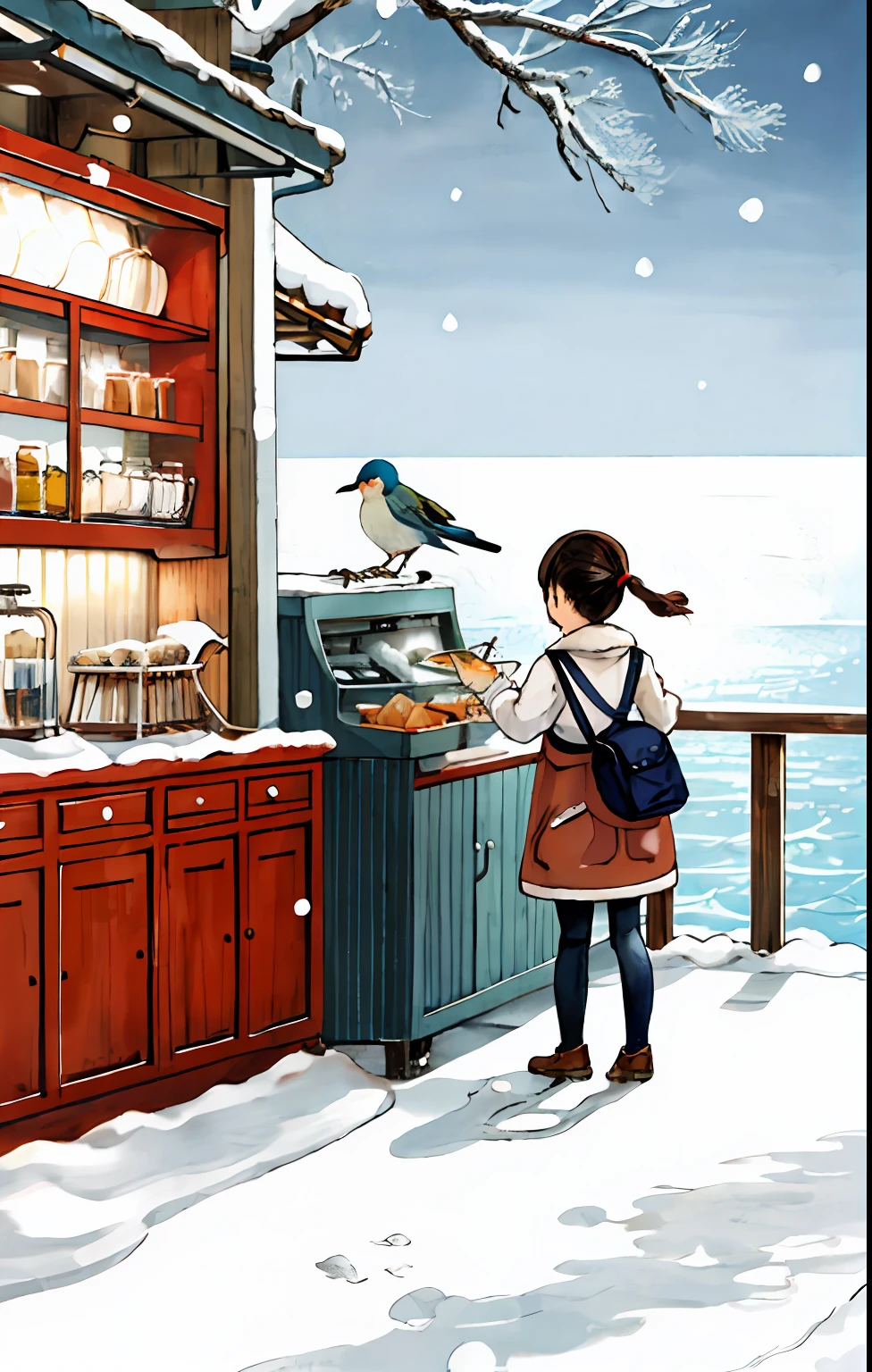 best quality, detailed background, girl,sea, cafeteria, bird, snow, winter,