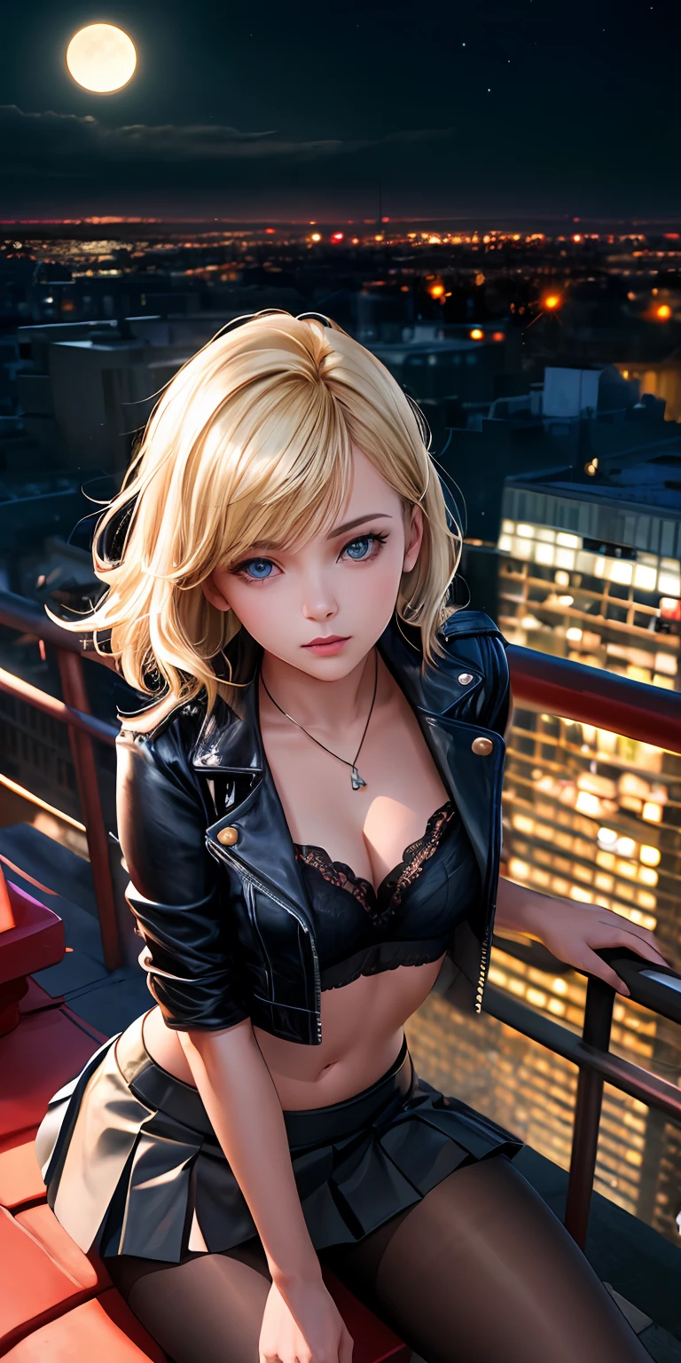 masterpiece, best quality, ultra-detailed, (photorealistic:1.4), illustration,(1girl) pinkish blonde hair, beautiful detailed eyes, rooftop, (night:1.2), moon, (from above:1.1), leaning against railing, cityscape, cinematic lights, bokeh, leather jacket, open blouse, lace bralette, midriff, short pleated micro skirt, pantyhose, heeled boots