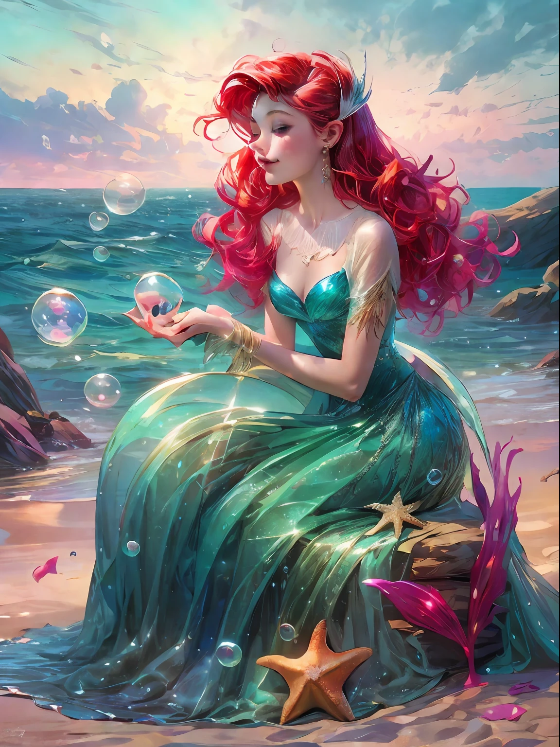 HighestQuali，tmasterpiece：1.2，Detailed details，A 16-year-old woman dressed up as a portrait of Ariel the Little Mermaid of Disney，Exquisite facial features，She held a starfish in her hand，She sits by the sea，There are bubbles everywhere