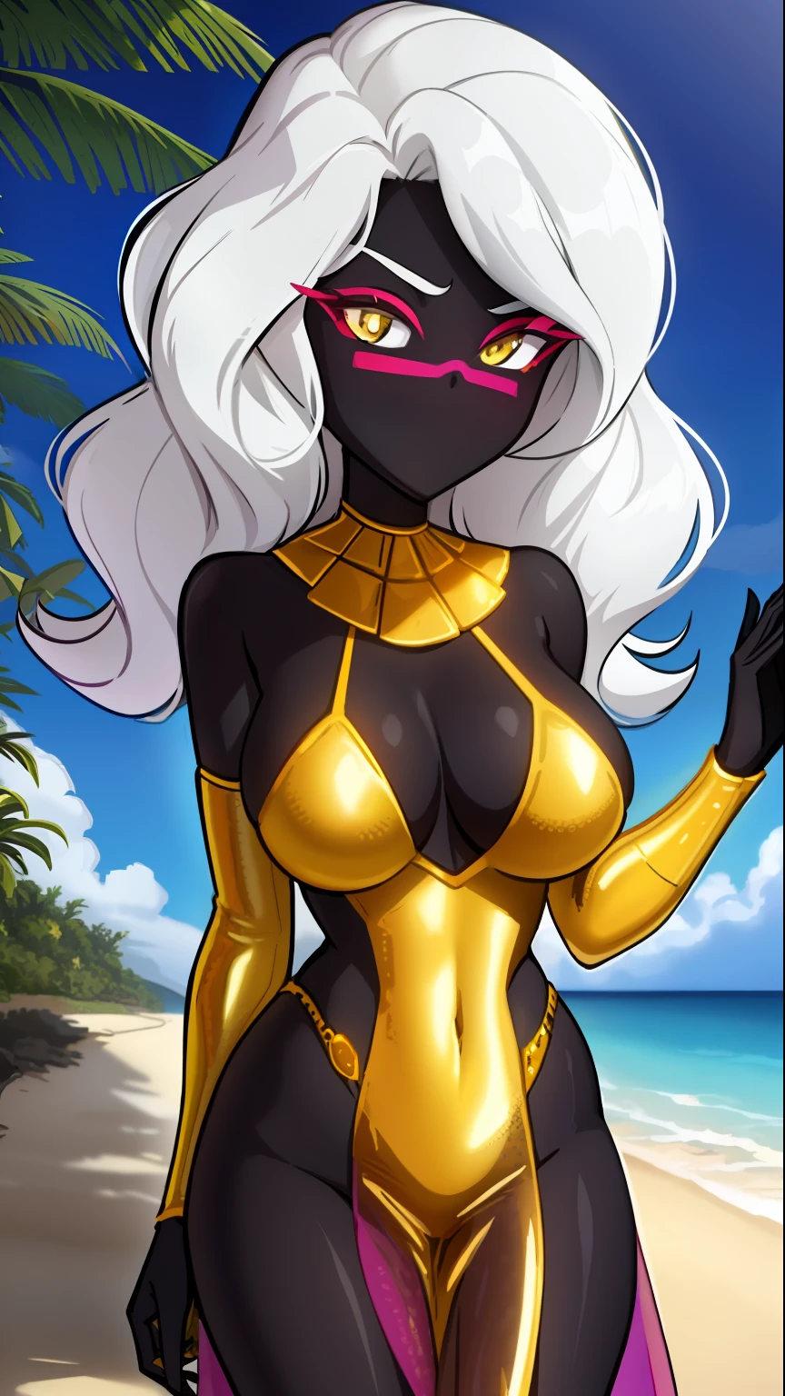 yellow sequined thin strapped dress that reveals a lot of cleavage with a low back, and high thigh slit, 2000's anime art style, gauntlet dark legacy, 1girl, sorceress in the beach, dark skin, white eyes, widow's peak hairline, mushroom with low fade afro hairstyle, afro hairstyle, white hair, big breasts,