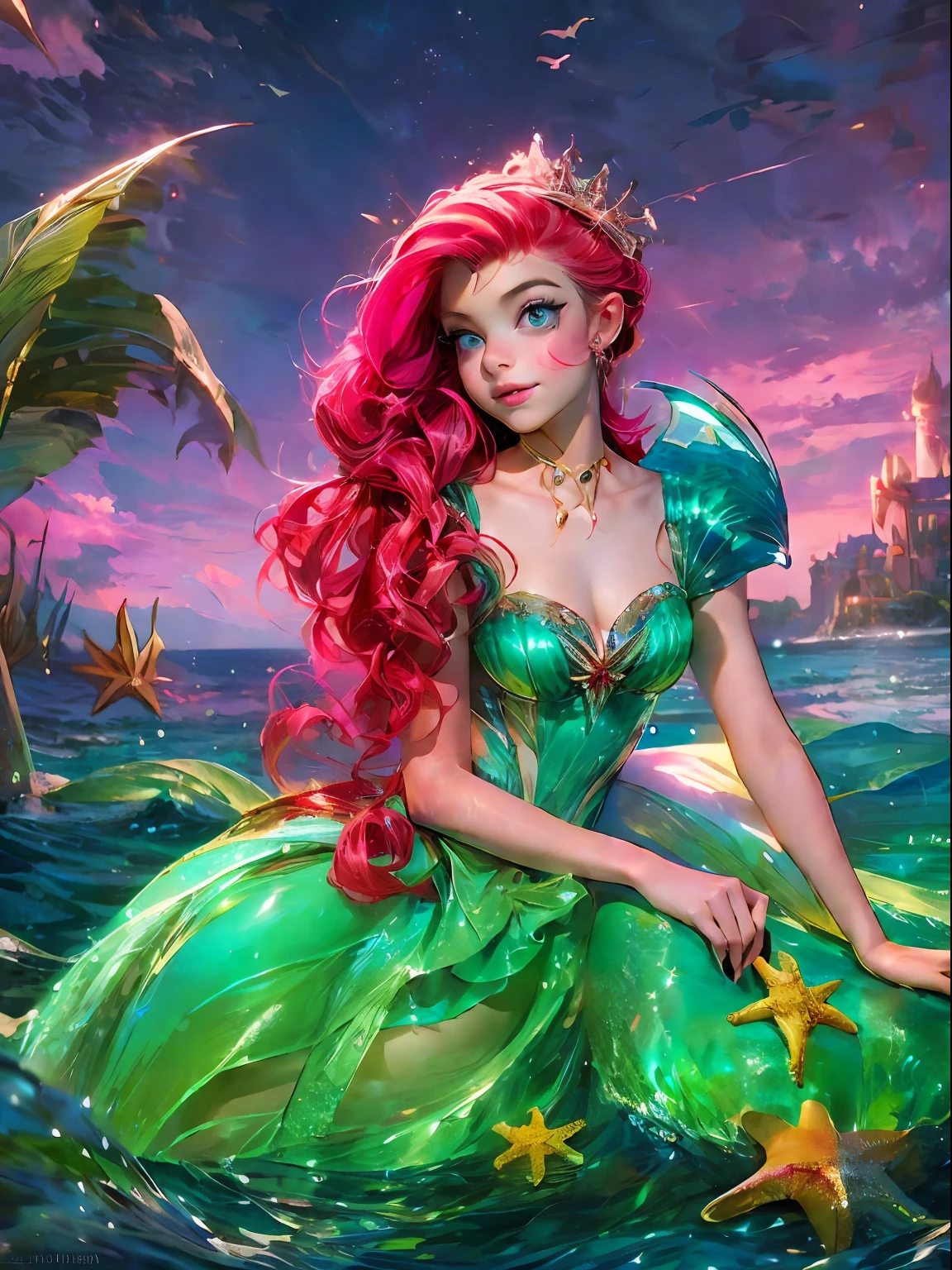 HighestQuali，tmasterpiece：1.2，Detailed details，A 16-year-old woman dressed up as a portrait of Ariel the Little Mermaid of Disney，Exquisite facial features，She held a starfish in her hand，She sits by the sea，There is foam everywhere