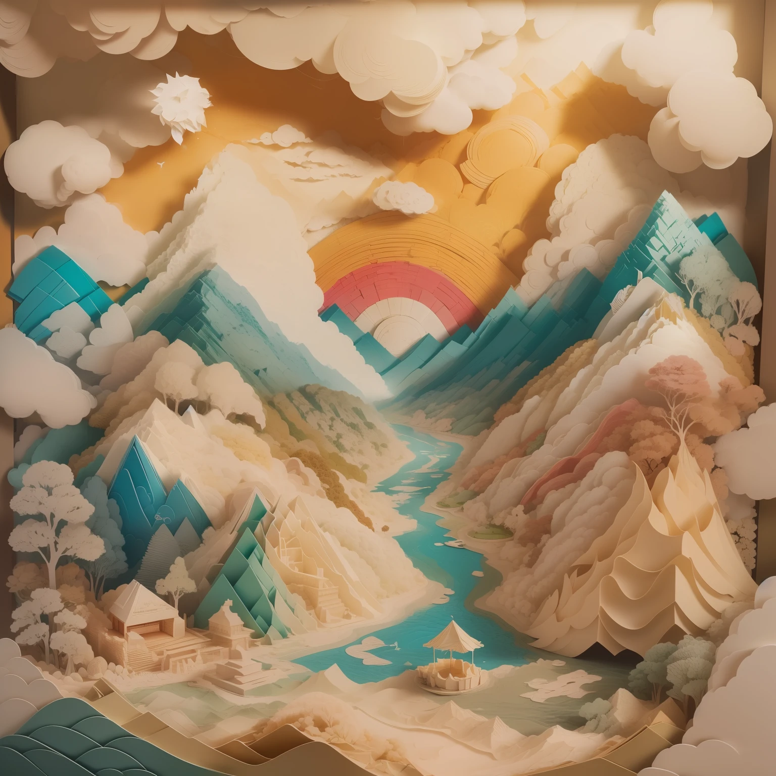 (sandbox:1.4),Movie Angle,(Sun, White clouds, Mountains, ln the forest, rivers),(paper art,Quilted paper art,geomerty),(Extremely colorful, Best quality, high detal, Masterpiece, Cinematic lighting, 4K, Chiaroscuro)