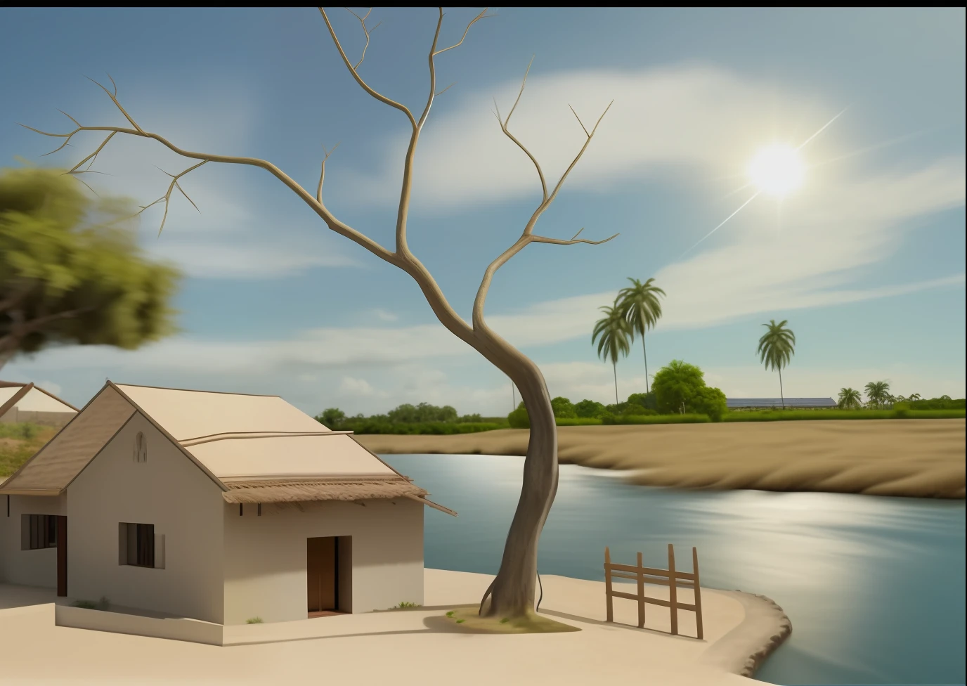 Real fotoshot, realistic, masterpiece, fhotorealistic, detailed picture, simple house, real daun, dry trees, behind the house you can see a river flowing, and across the river you can see coconut trees and a sky with the sun, 8k hd