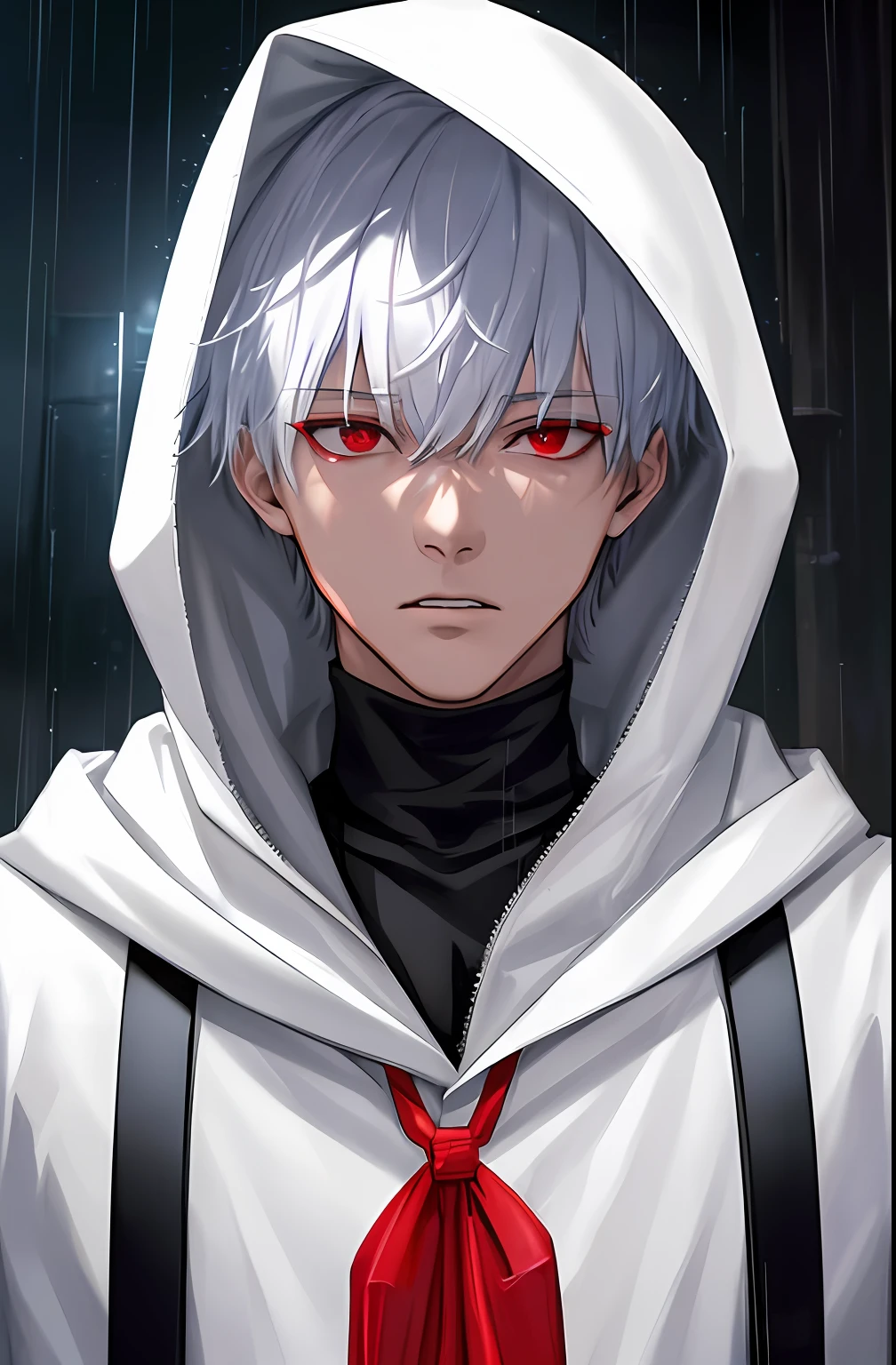 kk, best quality, more details, masterpiece, 1boy, kaneki ken, portrait, male focus, red eyes, solo, bangs, looking at viewer, hood, short hair, rain, tokyo tokyo \(city\), hood up, nail polish, white hair, luxurious, 8k, detailed, ray tracing, depth of field, cinematic lighting,