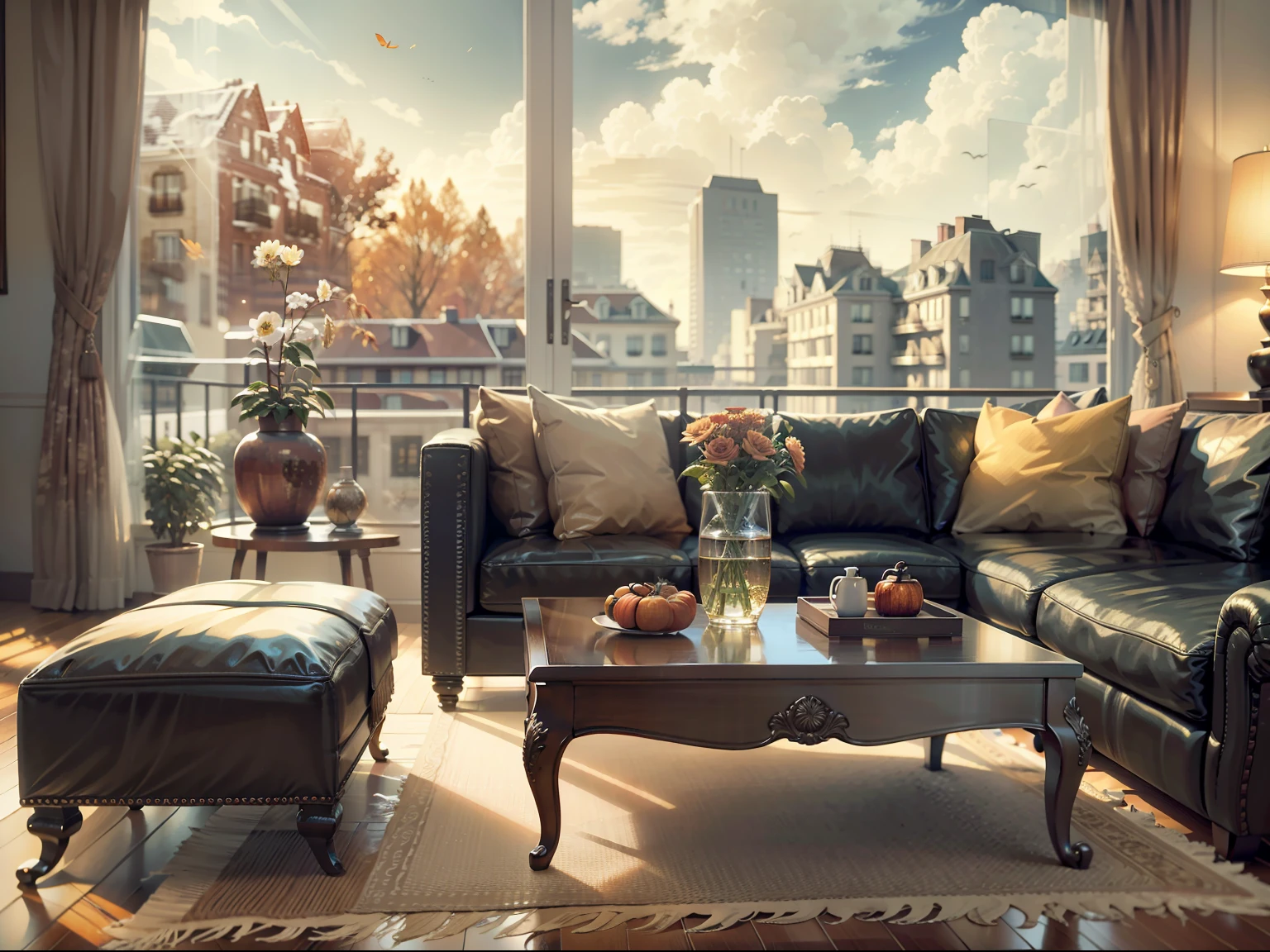 The hotel is furnished,High-end atmosphere,8k,Realistic and realistic,The weather is autumnal,Use as a poster,Require a partial close-up of the home