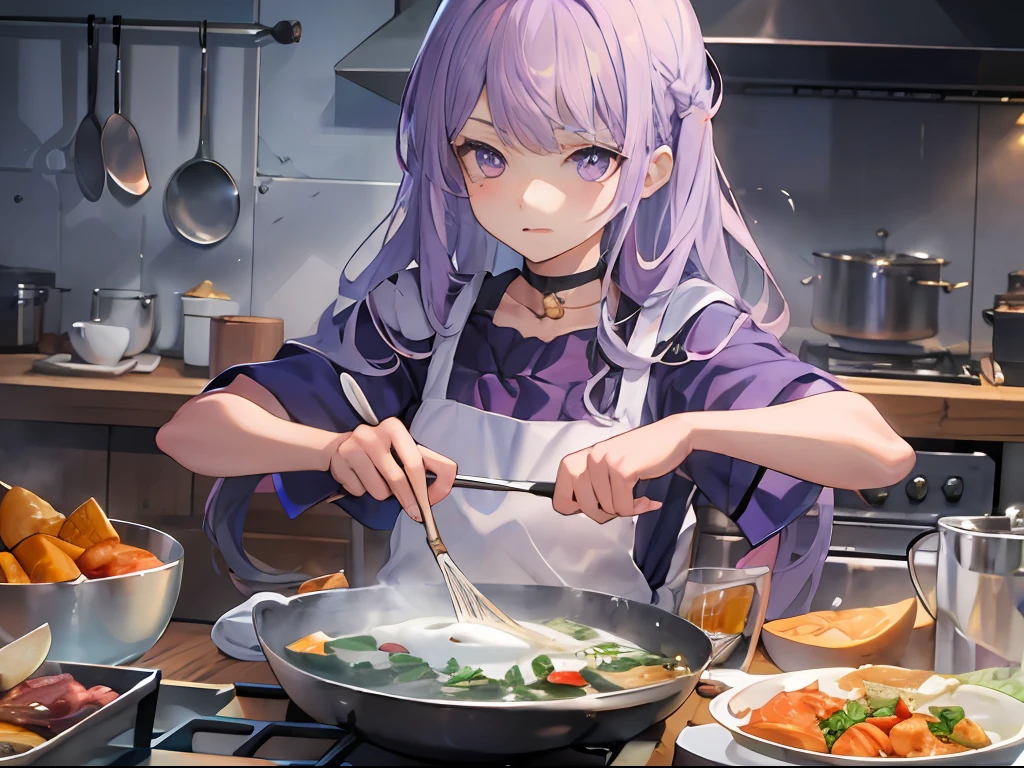 Best quality, tmasterpiece, A 12-year-old girl,Long light purple hair and purple eyes,Cooking food,The expression is serious