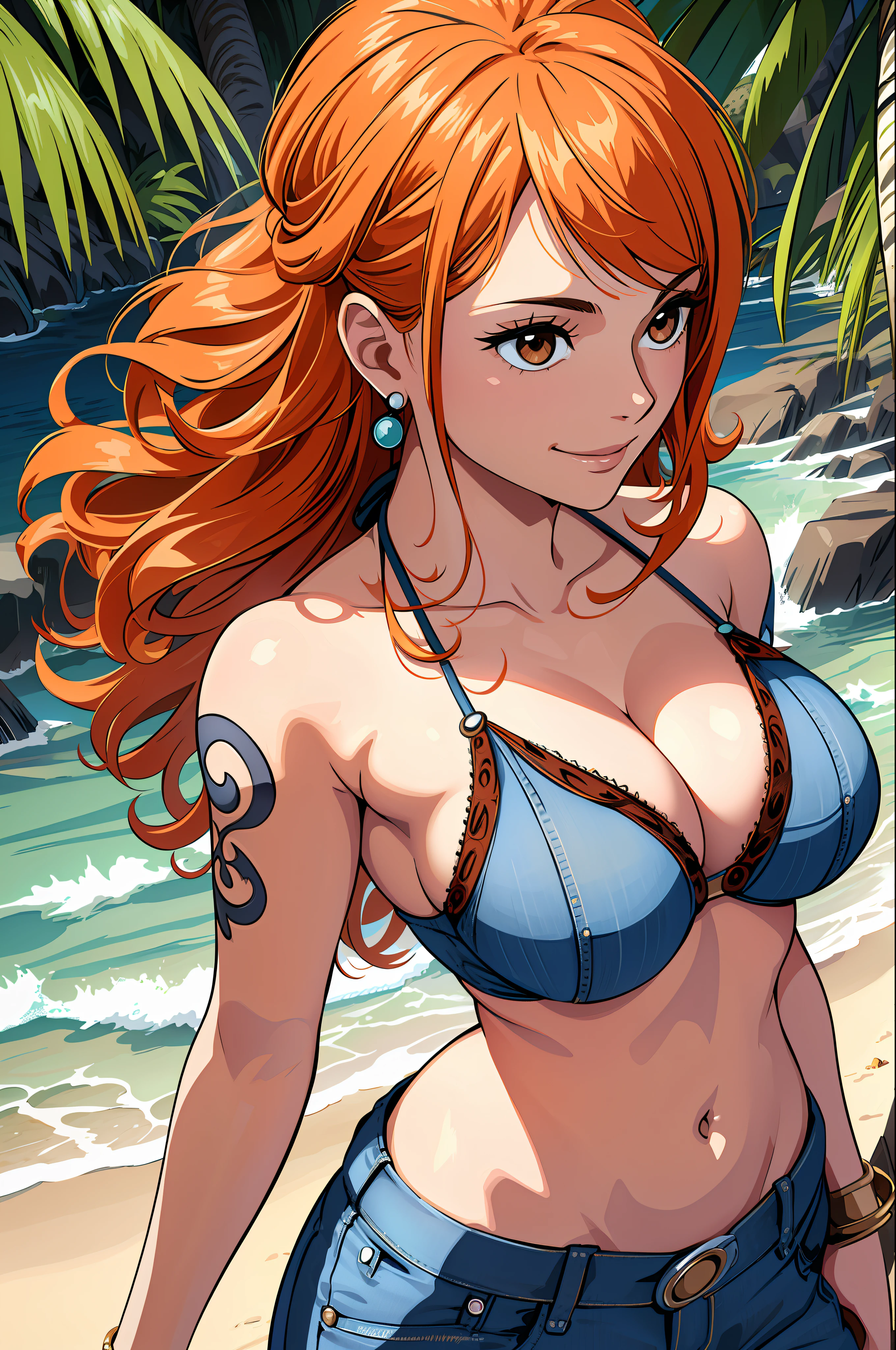 ultra realistic 8k cg, masterpiece, ((ultra detailed background, delicate pattern, intricate detail)), (highly detailed, fine details), best quality, (photorealistic:1.4),beautiful lighting, absurdres, RAW photo, film grain, ((medium breasts, slim girl)), NamiV2, 1girl, orange hair, solo, long hair, jewelry, ((medium breasts, slim girl, bikini top only, jeans, left shoulder tattoo)), brown eyes, smile, earrings, cleavage, bracelet, collarbone, navel, (complex detailed background, outside, beach environment, sunny, nature), ((portrait, close-up)),