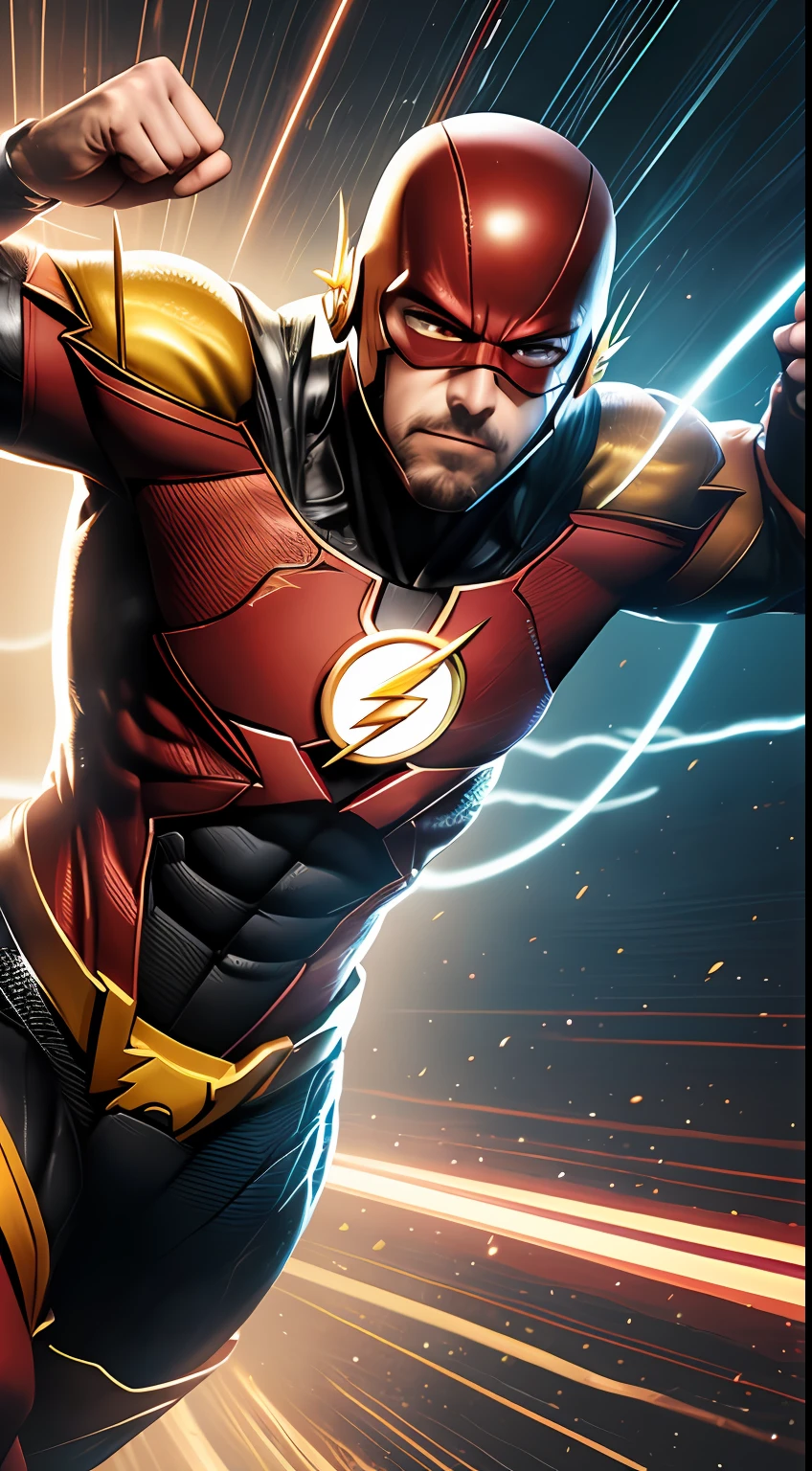 O Flash (Injustice), melhor qualidade, alta resolução, alto, musculoso, hunk, placas brancas e (terno neon vermelho escarlate), grandes (olhos vermelhos brilhantes), Standing powerfully pose, red lightning trail, rosto detalhado, terno detalhado, ultra detalhado, obra-prima, tunnle de luz no fundo, 16k, foto crua, volumeric lighting, low camera angle,correndo