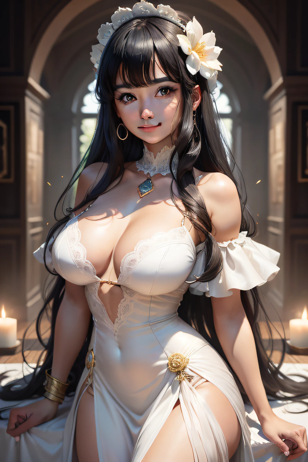 tmasterpiece，best qualtiy，offcial art，8k wallpaper，The is very detailed，illustratio，（真实感：1.4），1个Giant Breast Girl，Black hair，long whitr hair，Detailed eyes，ultra-clear，Face in Focus，exposed bare shoulders，white dresses，cropped shoulders，blooming flower field，Glowing skin，Light smile