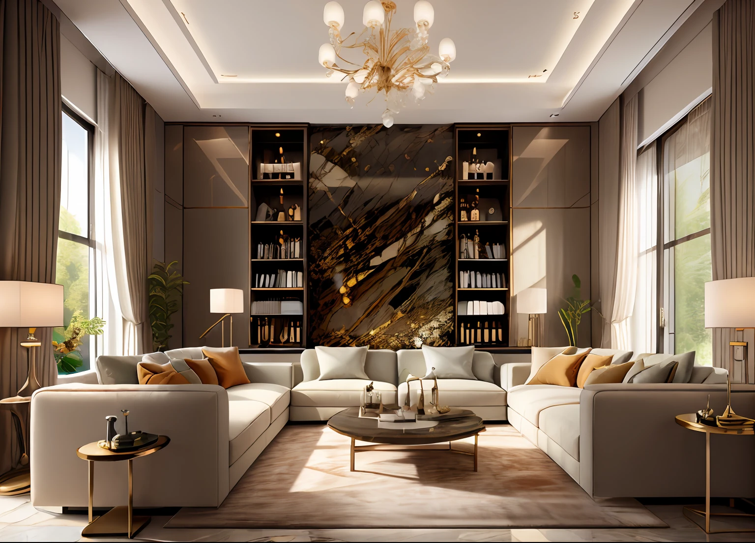 ultra realistic, masterpiece, best quality, super detailed, ultra high res, raw photo, 8k,
a modern livingroom, (fabric sofa), (fabric pillow), stone opaque resin panel, brown and white, luxury, in the style of enchanting lighting, light gold and light black, li shuxing, traditional-modern fusion, soft atmospheric light, hard-edged lines, (window), fabric window blinds, blue sky, 1 black TV,
masterpiece,ultra realistic,32k,extremely detailed CG unity 8k wallpaper, best quality