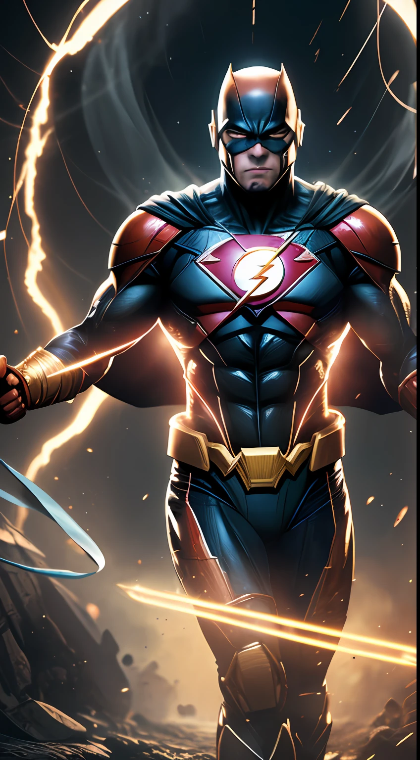 O Flash (Injustice), melhor qualidade, alta resolução, alto, musculoso, hunk, placas brancas e (terno neon vermelho escarlate), grandes (olhos vermelhos brilhantes), Standing powerfully pose, red lightning trail, rosto detalhado, terno detalhado, ultra detalhado, obra-prima, tunnle de luz no fundo, 16k, foto crua, volumeric lighting, low camera angle,correndo