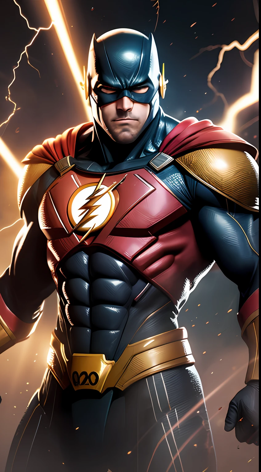 O Flash (Injustice), melhor qualidade, alta resolução, alto, musculoso, hunk, placas brancas e (terno neon vermelho escarlate), grandes (olhos vermelhos brilhantes), Standing powerfully pose, red lightning trail, rosto detalhado, terno detalhado, ultra detalhado, obra-prima, tunnle de luz no fundo, 16k, foto crua, volumeric lighting, low camera angle,correndo