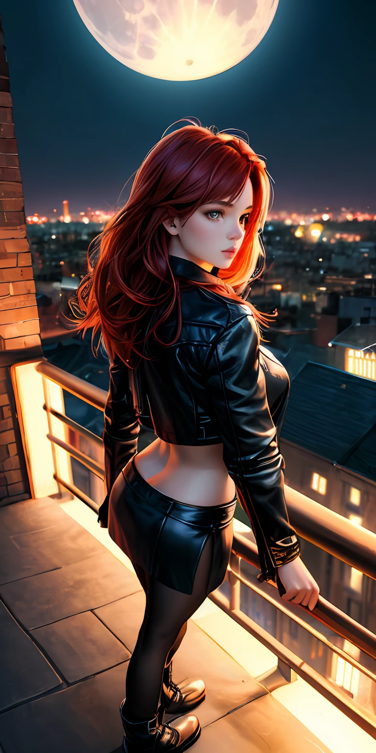 masterpiece, best quality, ultra-detailed, (photorealistic:1.4), illustration,(1girl) brownish red hair, beautiful detailed eyes, rooftop, (night:1.2), moon, (from above:1.1), leaning against railing, cityscape, cinematic lights, bokeh, leather jacket, crop top, midriff, low waisted mini skirt, pantyhose, heeled boots