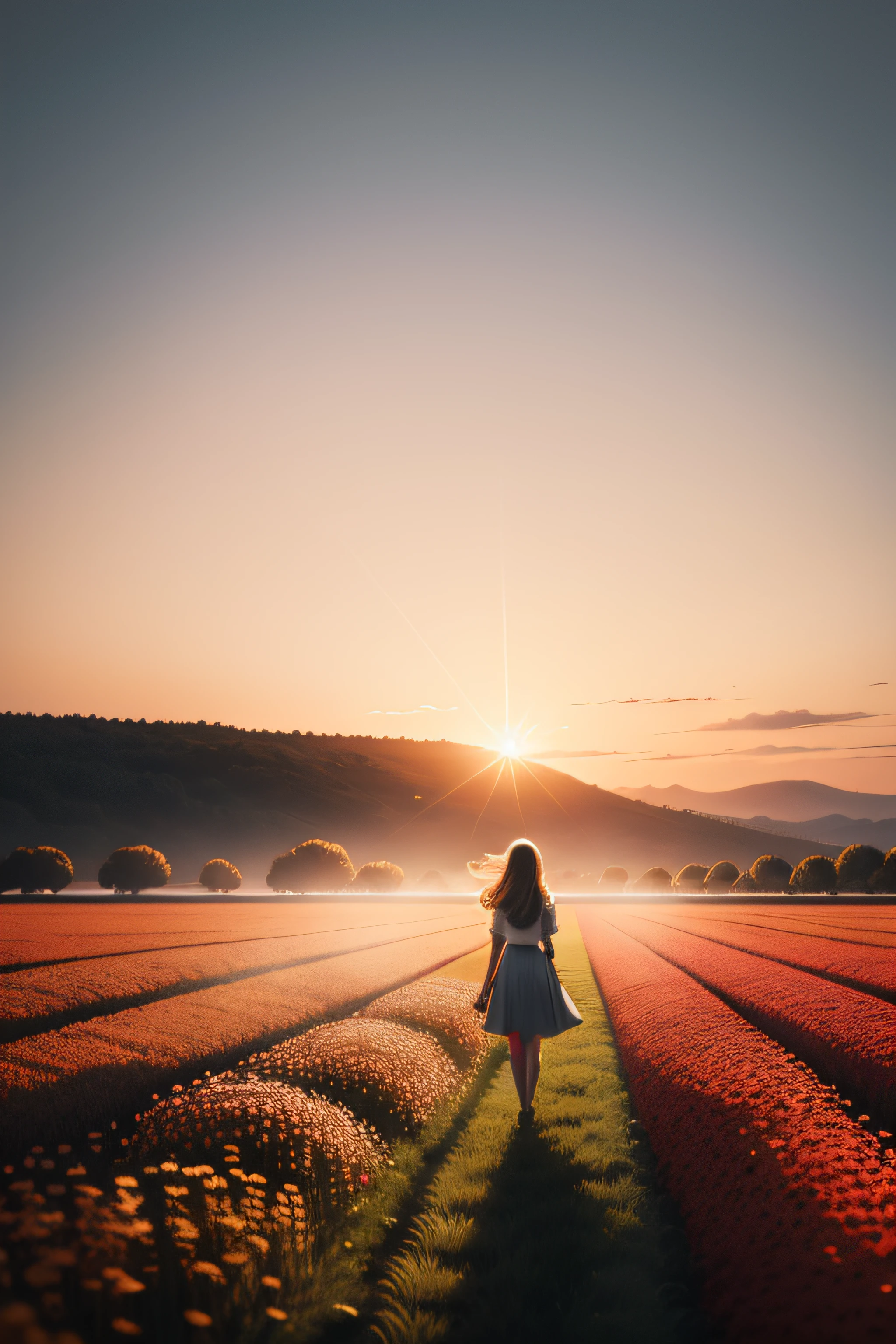 There was a woman standing in the field，Balloons in the air, girl walking in a flower field, in soft dreamy light at sunset, girl walking in a flower field, girl standing in flower field, girl standing in flower field, in the golden hour, at a beautiful sunset, in a field with flowers, Girl in a flower field, With sunset, standing in flower field