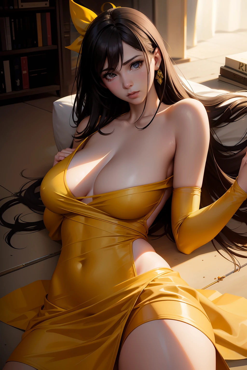 There is a photo of a woman lying on the ground, realistic cosplay, with yellow cloths, senna from league of legends, ruan jia and artgerm, range murata and artgerm, professional cosplay, artgerm and atey ghailan, full-cosplay, wlop and ross tran, faye valentine, wlop and sakimichan