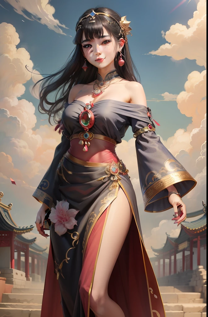 Ancient Chinese Girl Diamond Necklace Cumbersome Hair Accessories Ruby Ring Ruby Earrings Lots of streamers Clouds in the background Cartoon Gray Eyes Smile Face Detailed Sky Blue Clothes Dressed Conservative Full Body
