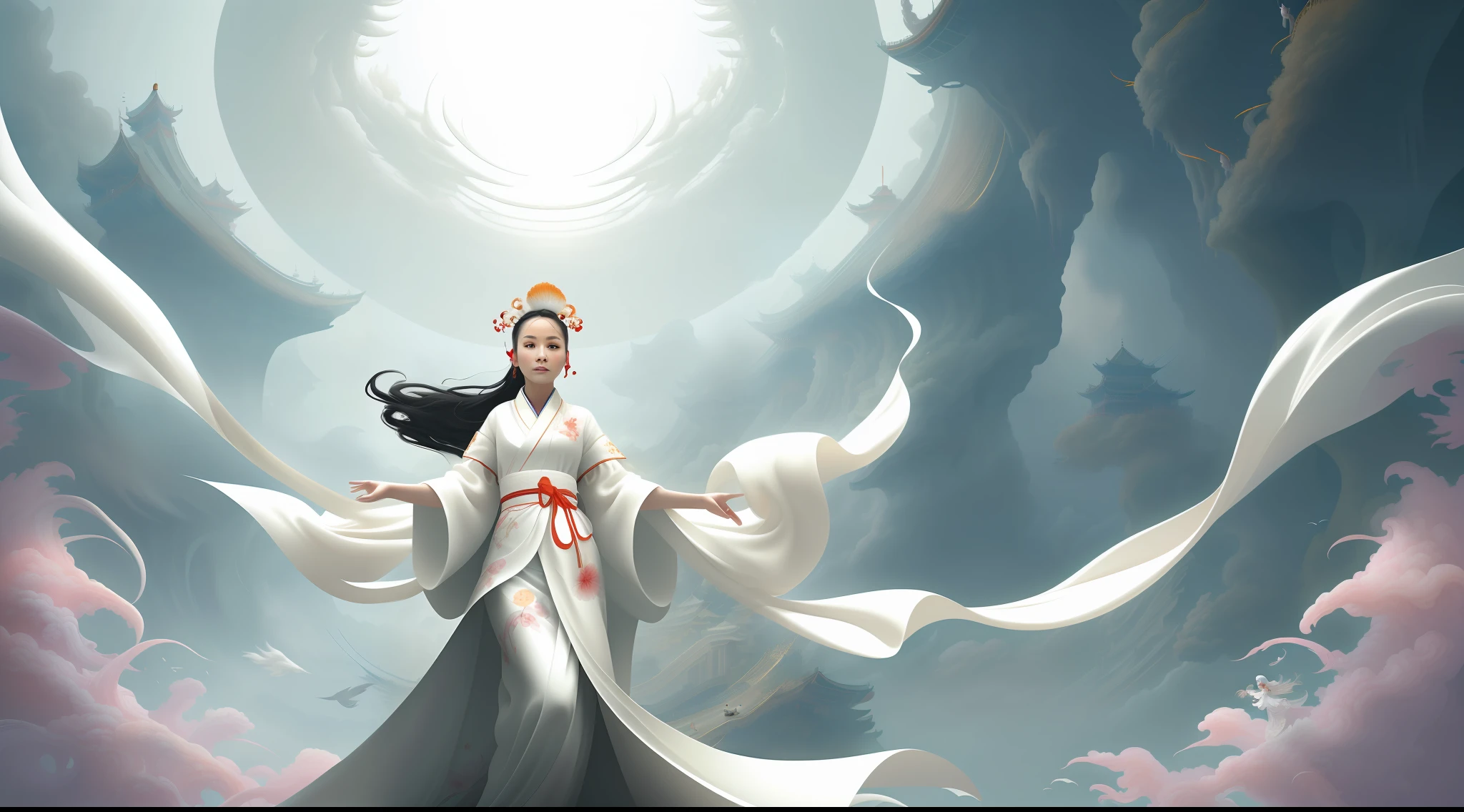 (1 girl),(white Chinese robe),
In a captivating scene, a beautiful woman adorned in a flowing white Chinese robe soars through the misty clouds on the back of a majestic Chinese phoenix. The wind gently lifts her robe, accentuating the sense of flight as they gracefully navigate the ethereal cloudscape.