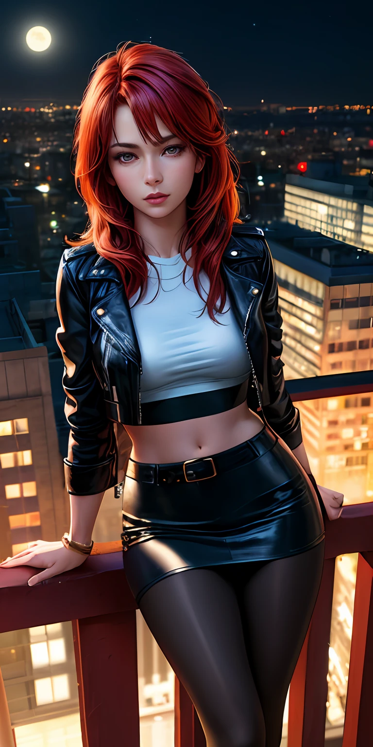 masterpiece, best quality, ultra-detailed, (photorealistic:1.4), illustration,(1girl) brownish red hair, beautiful detailed eyes, rooftop, (night:1.2), moon, (from above:1.1), leaning against railing, cityscape, cinematic lights, bokeh, leather jacket, crop top, midriff, low waisted mini skirt, pantyhose, heeled boots