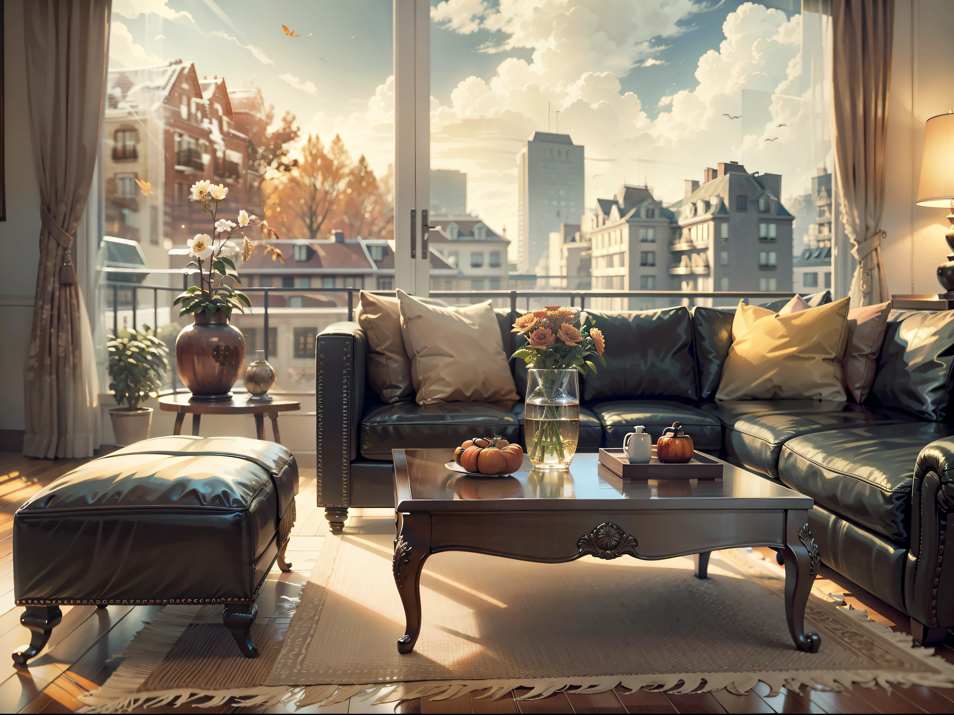 The hotel is furnished，High-end atmosphere，8k，Realistic and realistic，The weather is autumnal，Use as a poster，Require a partial close-up of the home